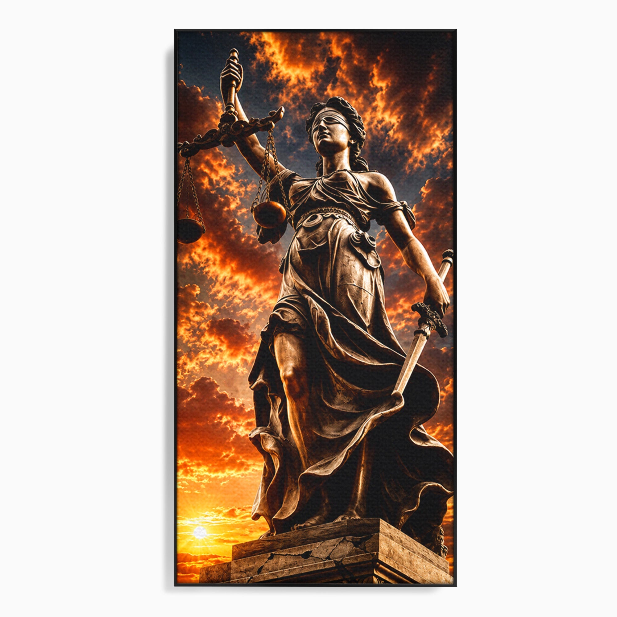 Tablou Canvas Premium LuxCanva® T1017, Apusul Zeitei Justitiei, Justitie, Statue, Apus, Dramatic, Birou, Culori Vibrante