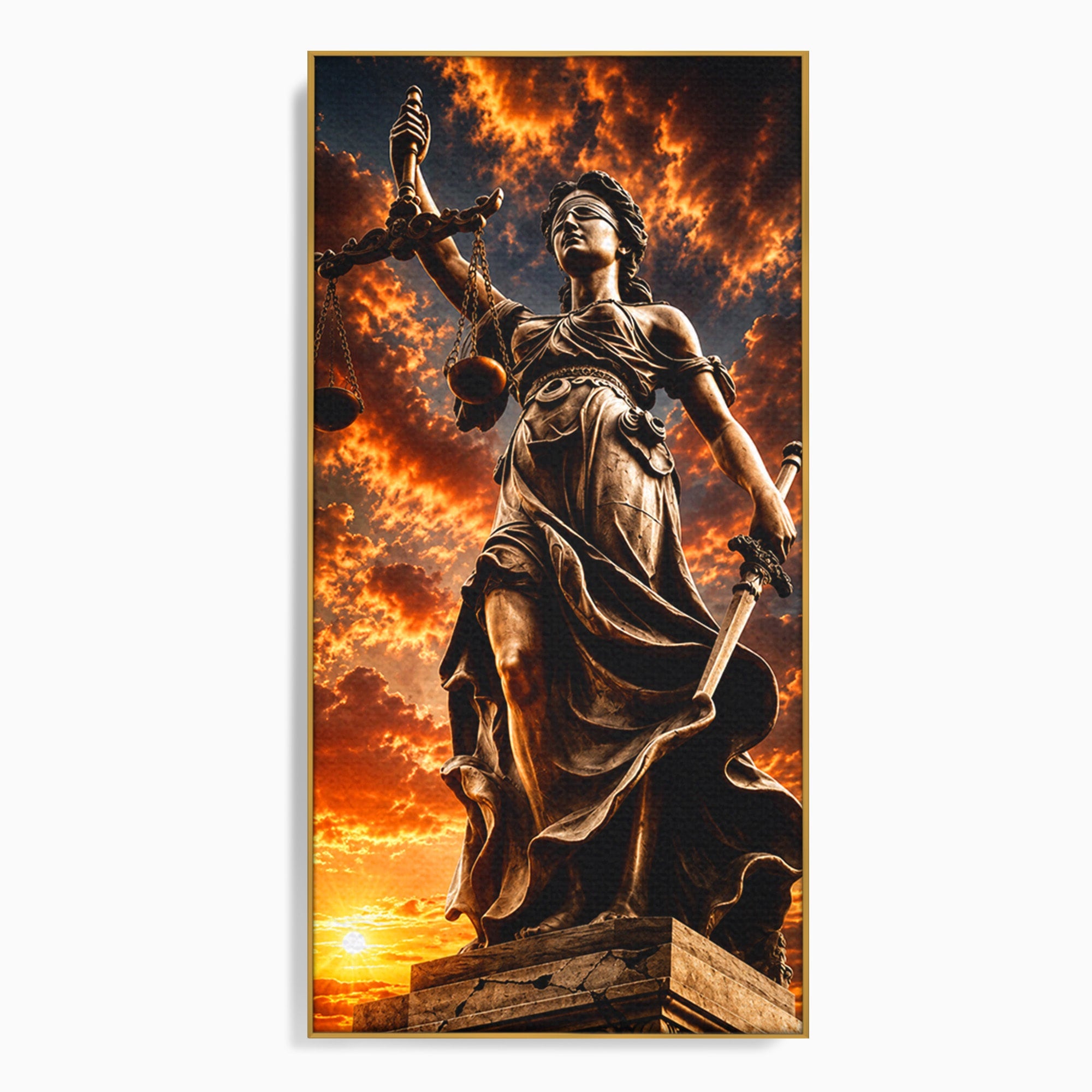Tablou Canvas Premium LuxCanva® T1017, Apusul Zeitei Justitiei, Justitie, Statue, Apus, Dramatic, Birou, Culori Vibrante