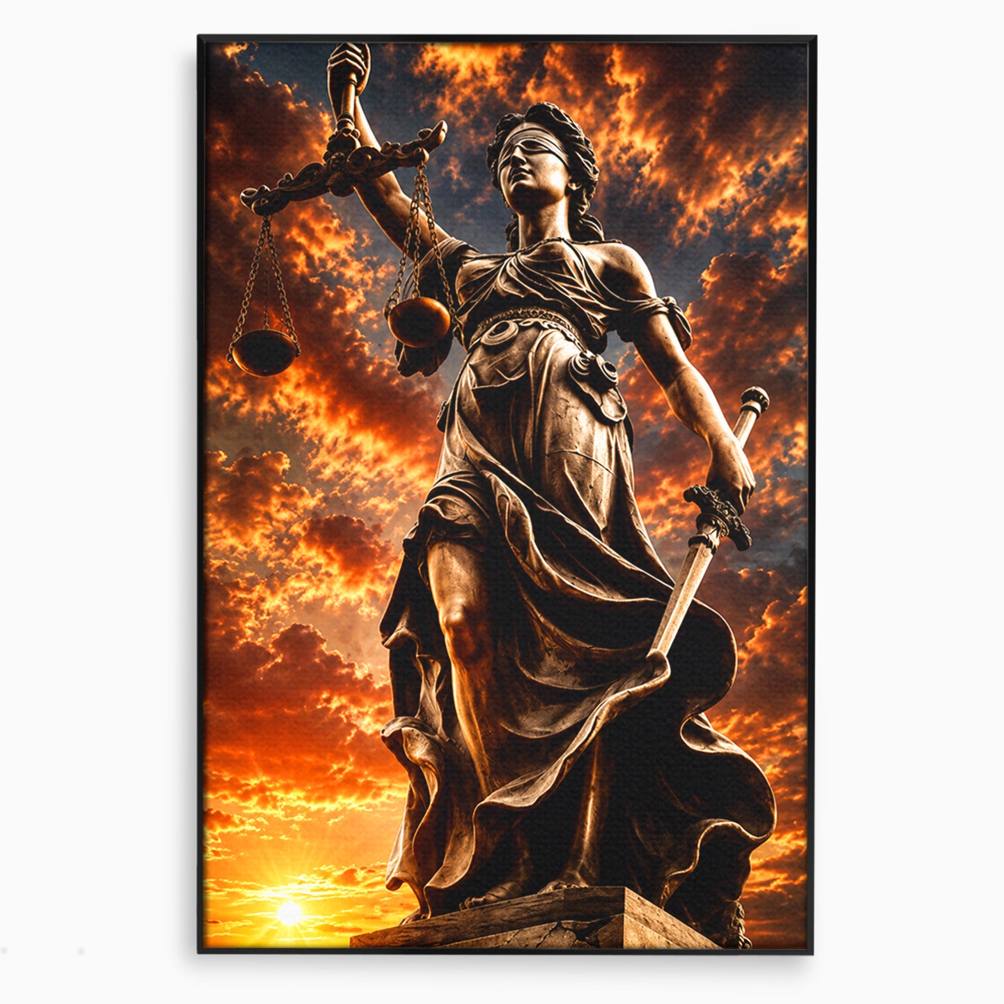 Tablou Canvas Premium LuxCanva® T1017, Apusul Zeitei Justitiei, Justitie, Statue, Apus, Dramatic, Birou, Culori Vibrante