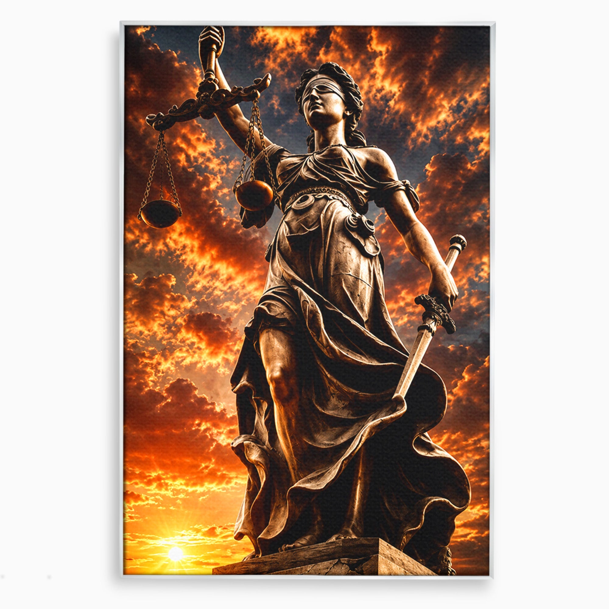 Tablou Canvas Premium LuxCanva® T1017, Apusul Zeitei Justitiei, Justitie, Statue, Apus, Dramatic, Birou, Culori Vibrante