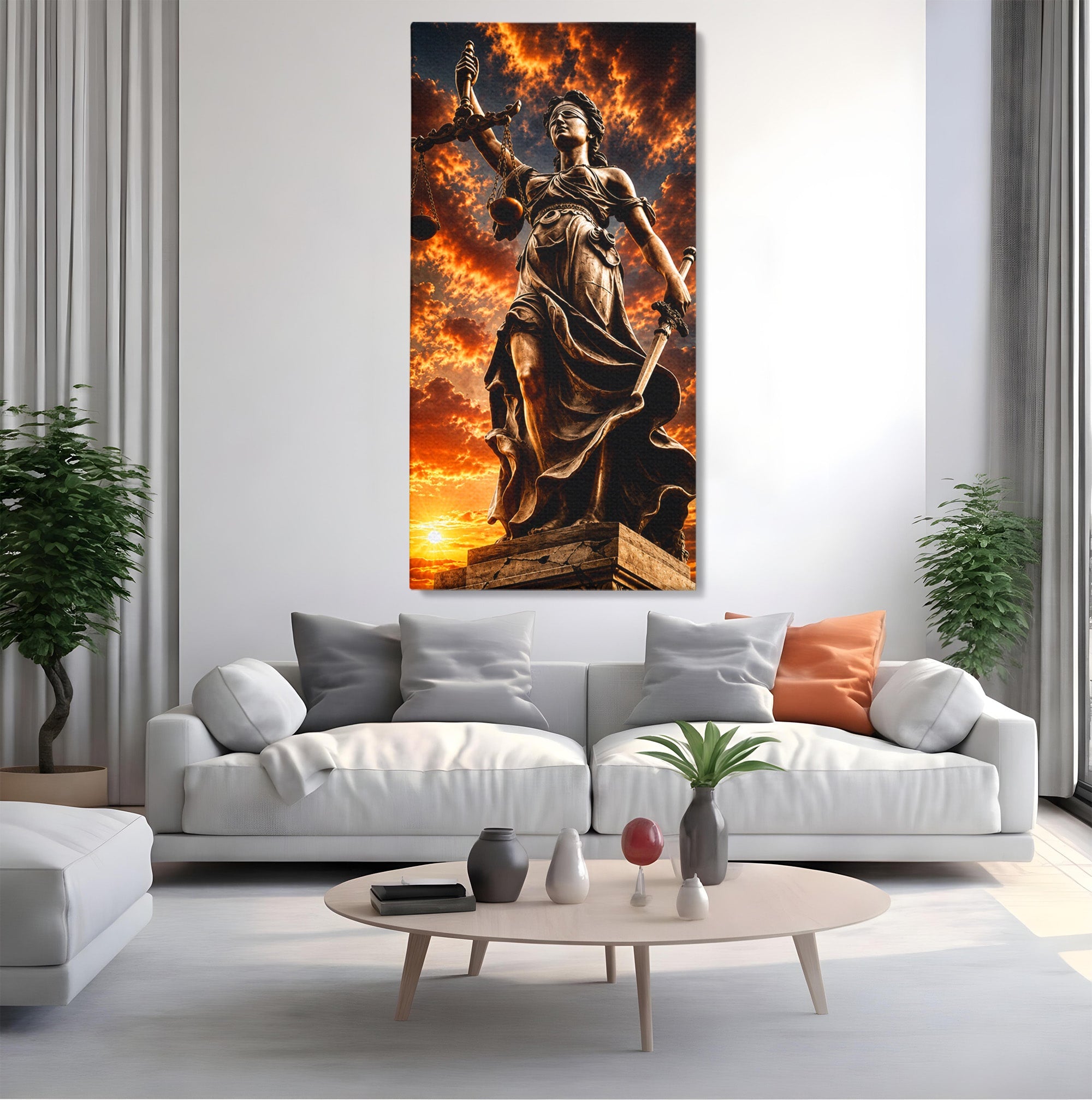 Tablou Canvas Premium LuxCanva® T1017, Apusul Zeitei Justitiei, Justitie, Statue, Apus, Dramatic, Birou, Culori Vibrante