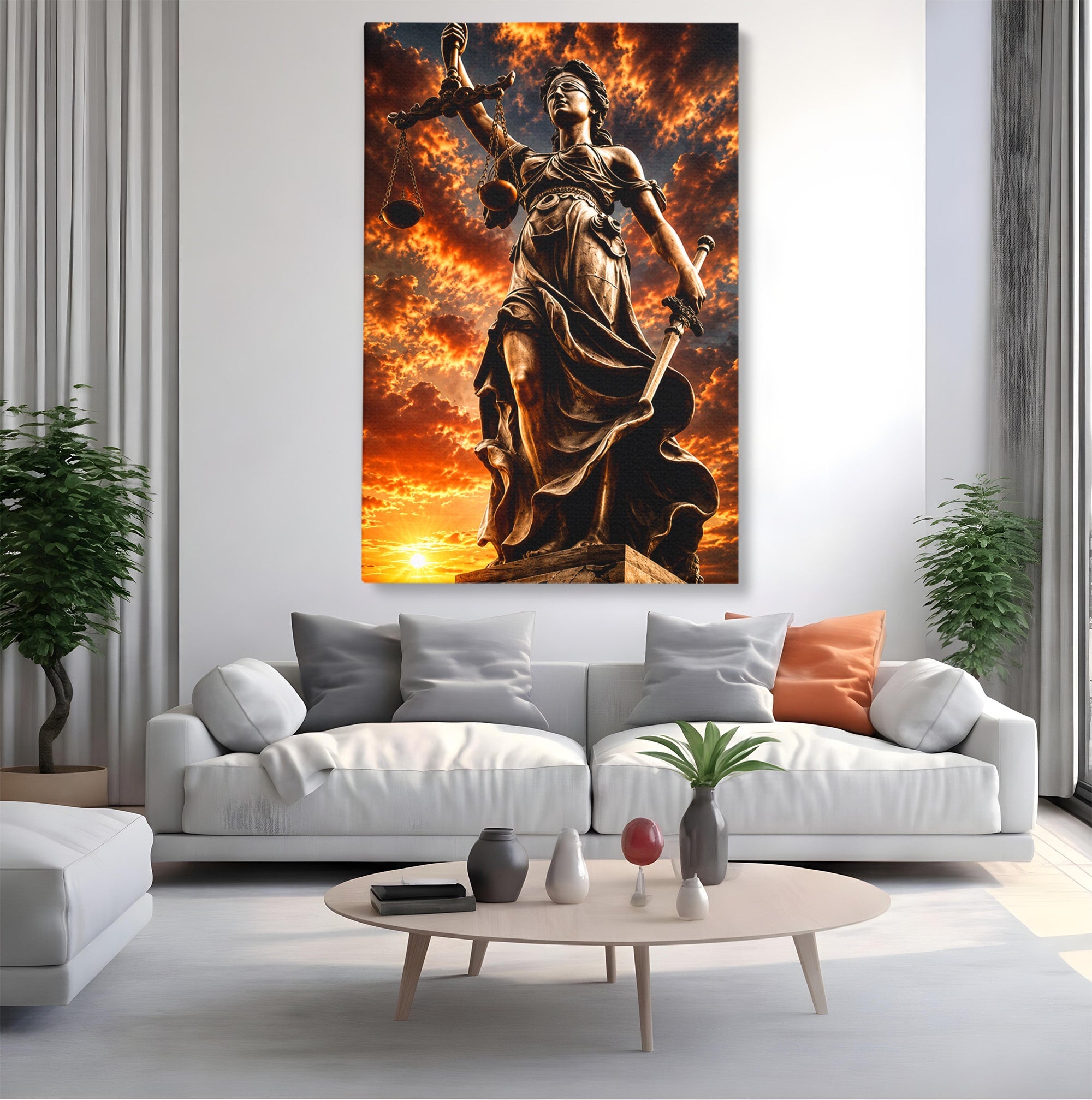Tablou Canvas Premium LuxCanva® T1017, Apusul Zeitei Justitiei, Justitie, Statue, Apus, Dramatic, Birou, Culori Vibrante