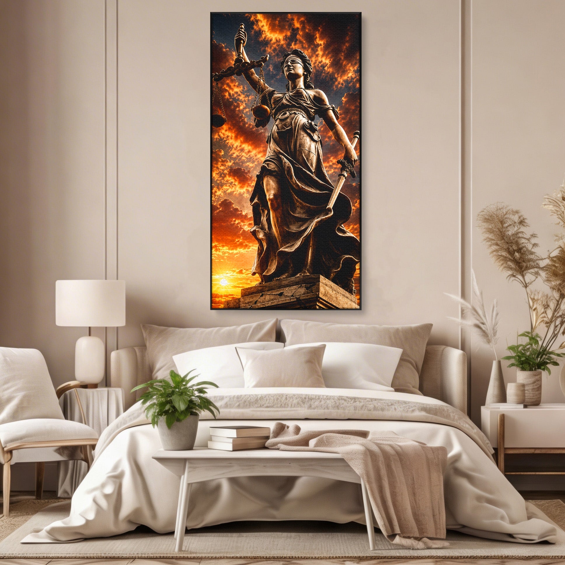 Tablou Canvas Premium LuxCanva® T1017, Apusul Zeitei Justitiei, Justitie, Statue, Apus, Dramatic, Birou, Culori Vibrante
