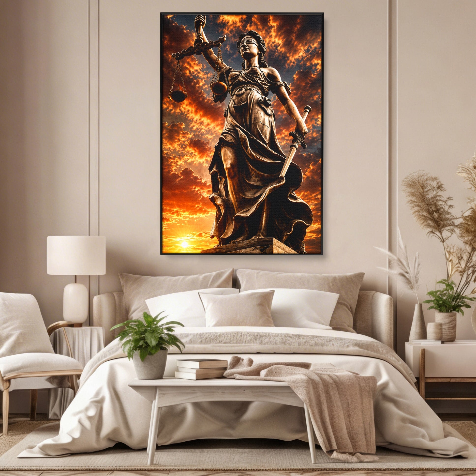 Tablou Canvas Premium LuxCanva® T1017, Apusul Zeitei Justitiei, Justitie, Statue, Apus, Dramatic, Birou, Culori Vibrante