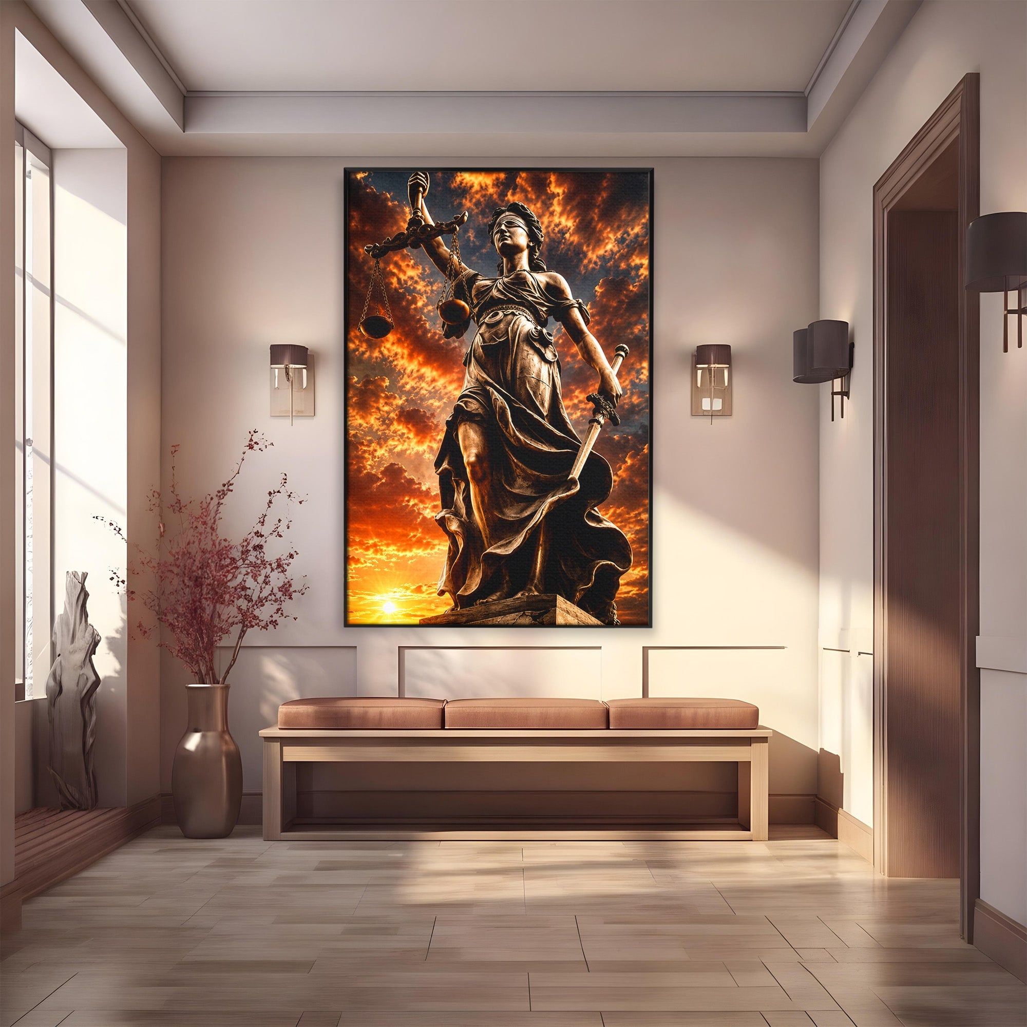 Tablou Canvas Premium LuxCanva® T1017, Apusul Zeitei Justitiei, Justitie, Statue, Apus, Dramatic, Birou, Culori Vibrante