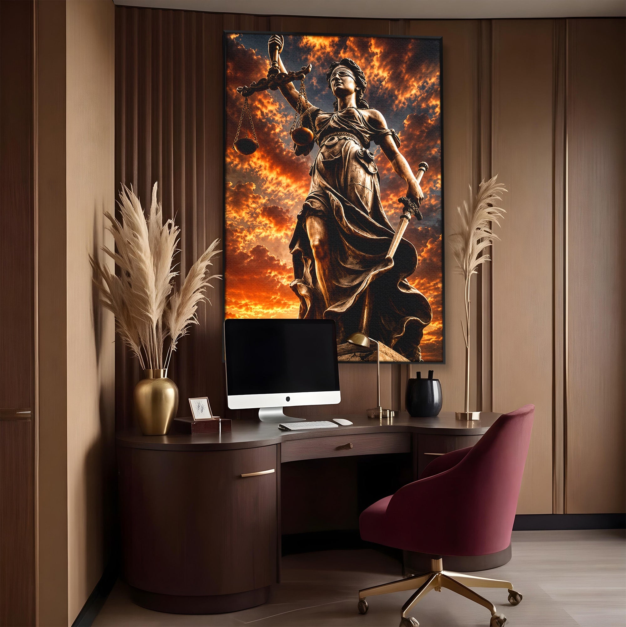 Tablou Canvas Premium LuxCanva® T1017, Apusul Zeitei Justitiei, Justitie, Statue, Apus, Dramatic, Birou, Culori Vibrante