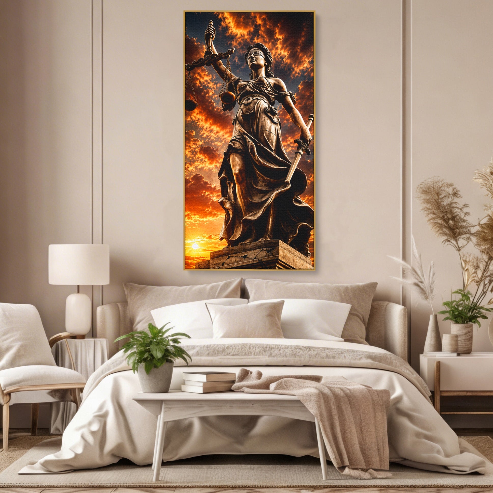 Tablou Canvas Premium LuxCanva® T1017, Apusul Zeitei Justitiei, Justitie, Statue, Apus, Dramatic, Birou, Culori Vibrante