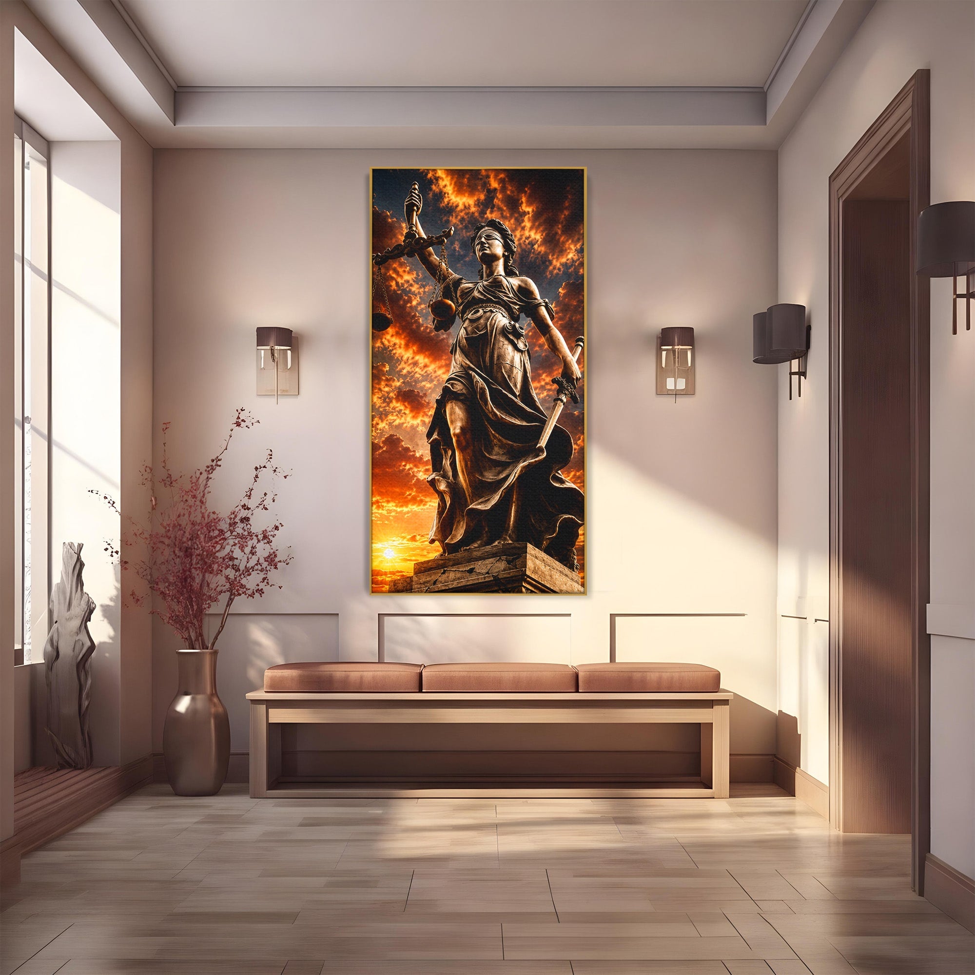 Tablou Canvas Premium LuxCanva® T1017, Apusul Zeitei Justitiei, Justitie, Statue, Apus, Dramatic, Birou, Culori Vibrante
