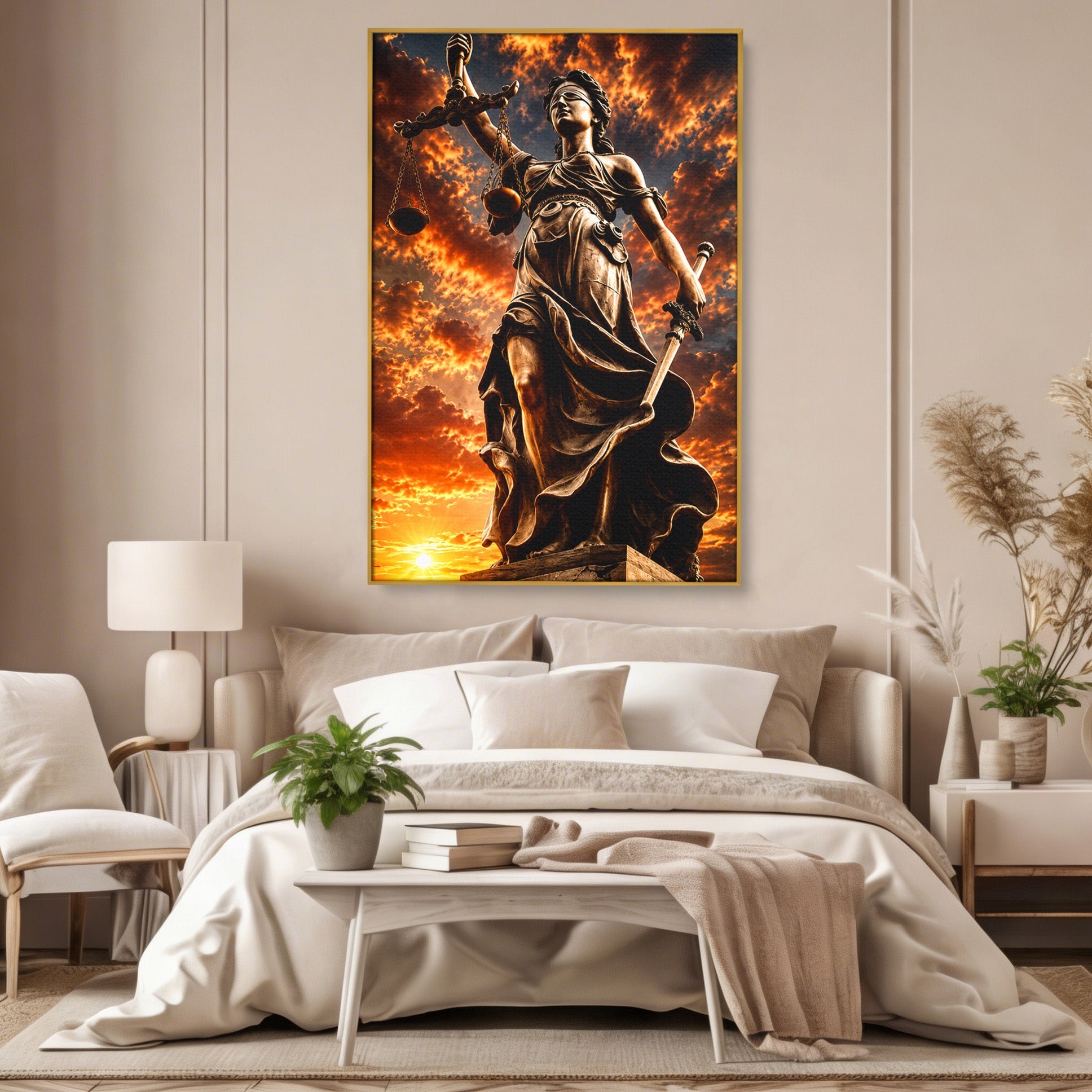Tablou Canvas Premium LuxCanva® T1017, Apusul Zeitei Justitiei, Justitie, Statue, Apus, Dramatic, Birou, Culori Vibrante