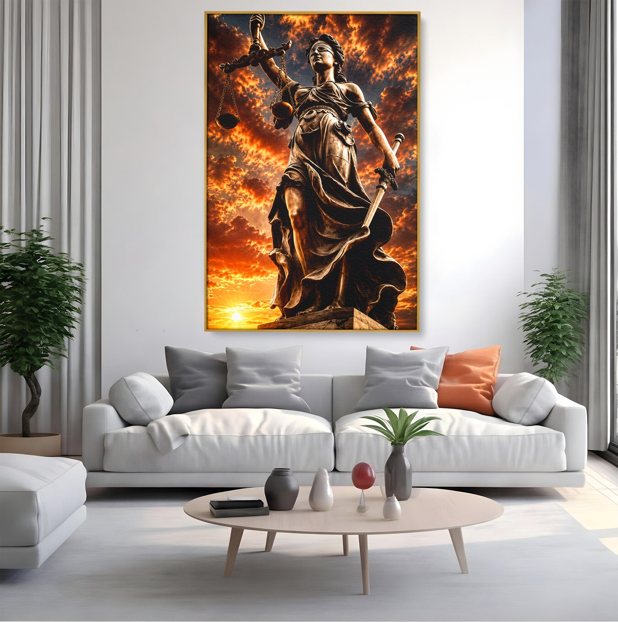 Tablou Canvas Premium LuxCanva® T1017, Apusul Zeitei Justitiei, Justitie, Statue, Apus, Dramatic, Birou, Culori Vibrante