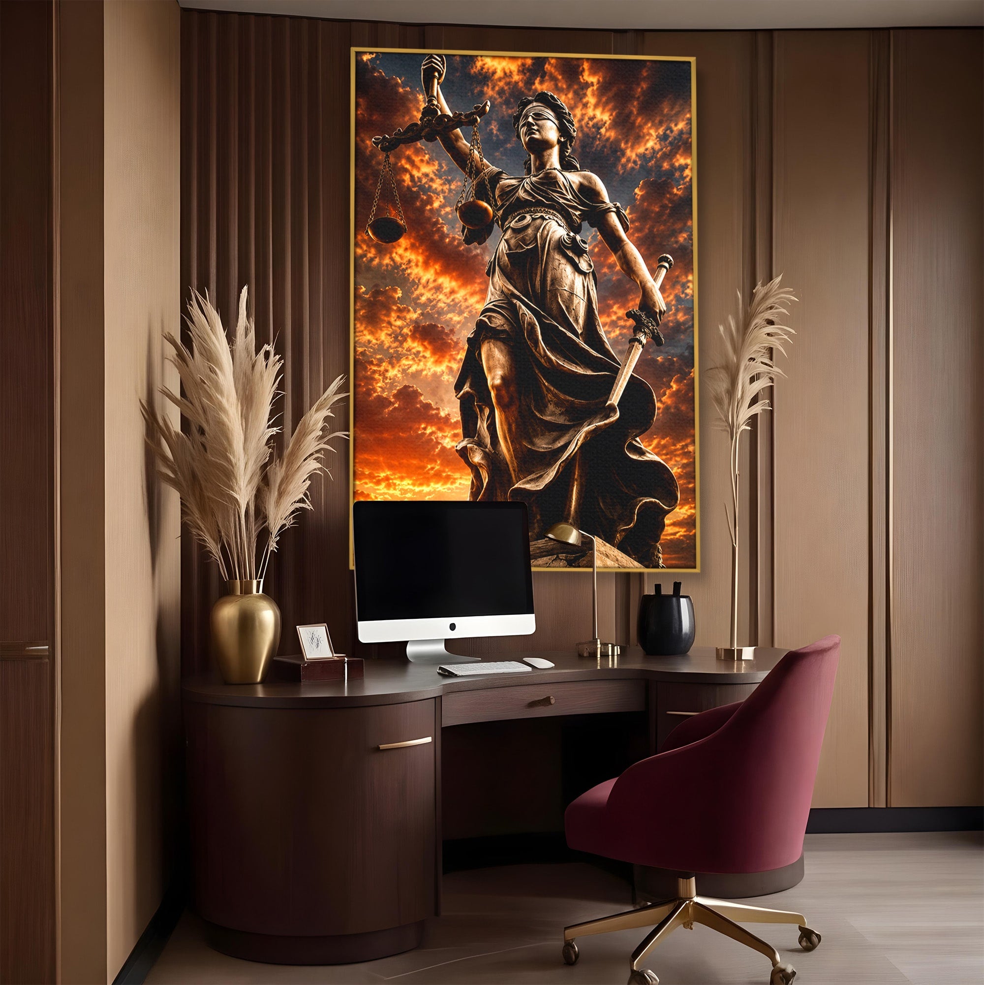 Tablou Canvas Premium LuxCanva® T1017, Apusul Zeitei Justitiei, Justitie, Statue, Apus, Dramatic, Birou, Culori Vibrante