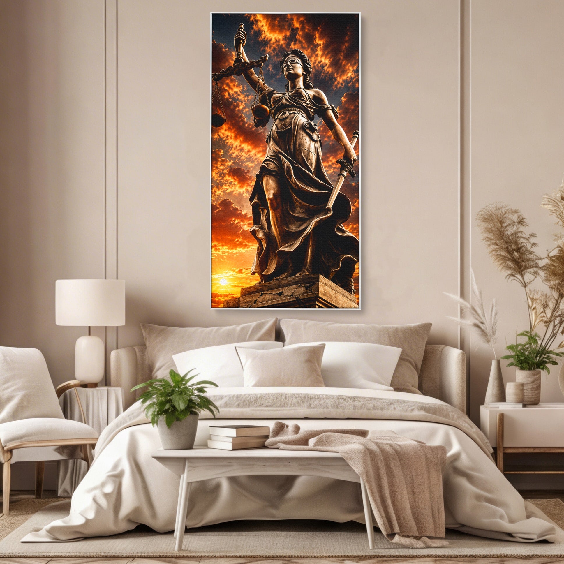 Tablou Canvas Premium LuxCanva® T1017, Apusul Zeitei Justitiei, Justitie, Statue, Apus, Dramatic, Birou, Culori Vibrante