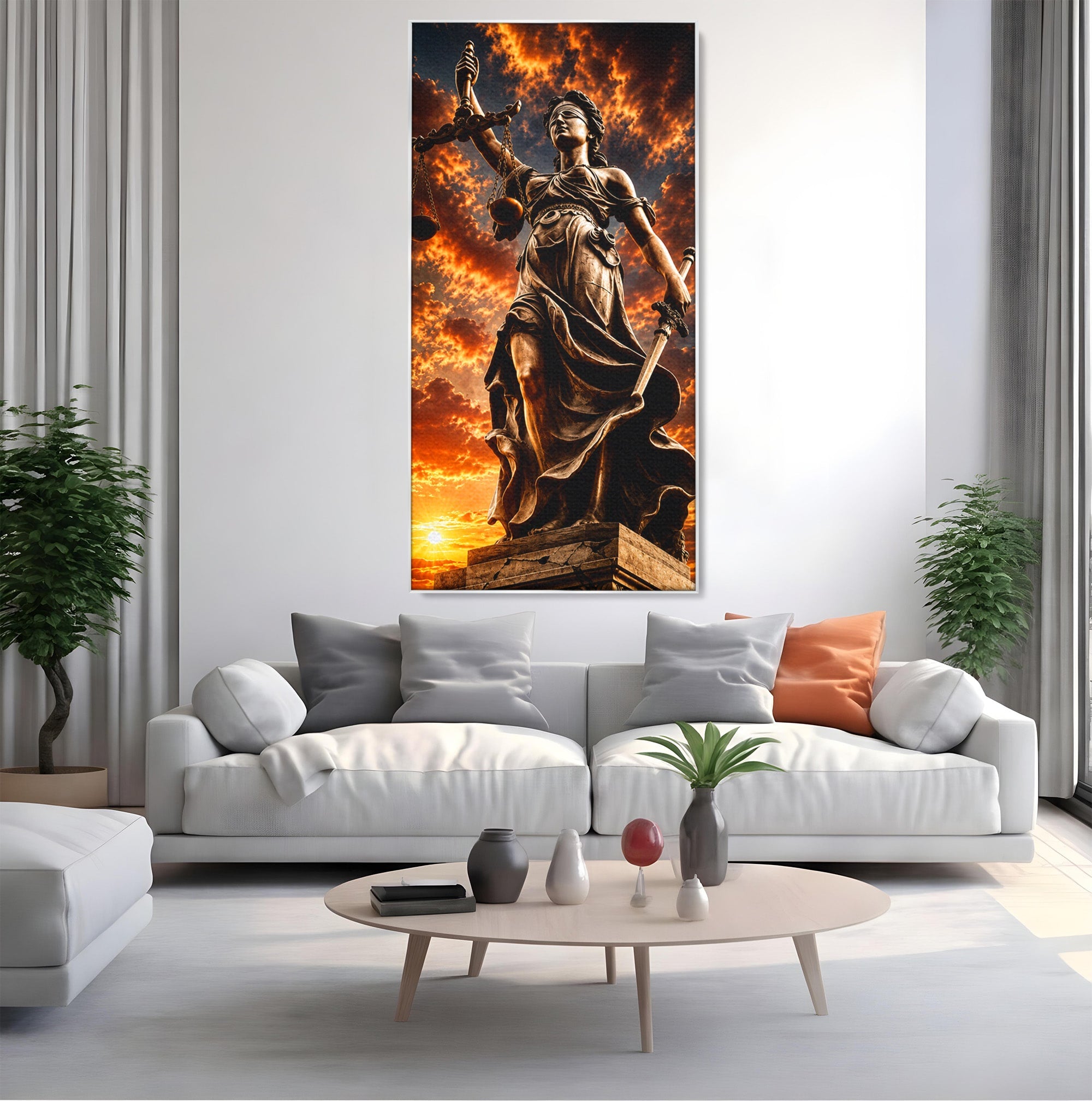 Tablou Canvas Premium LuxCanva® T1017, Apusul Zeitei Justitiei, Justitie, Statue, Apus, Dramatic, Birou, Culori Vibrante