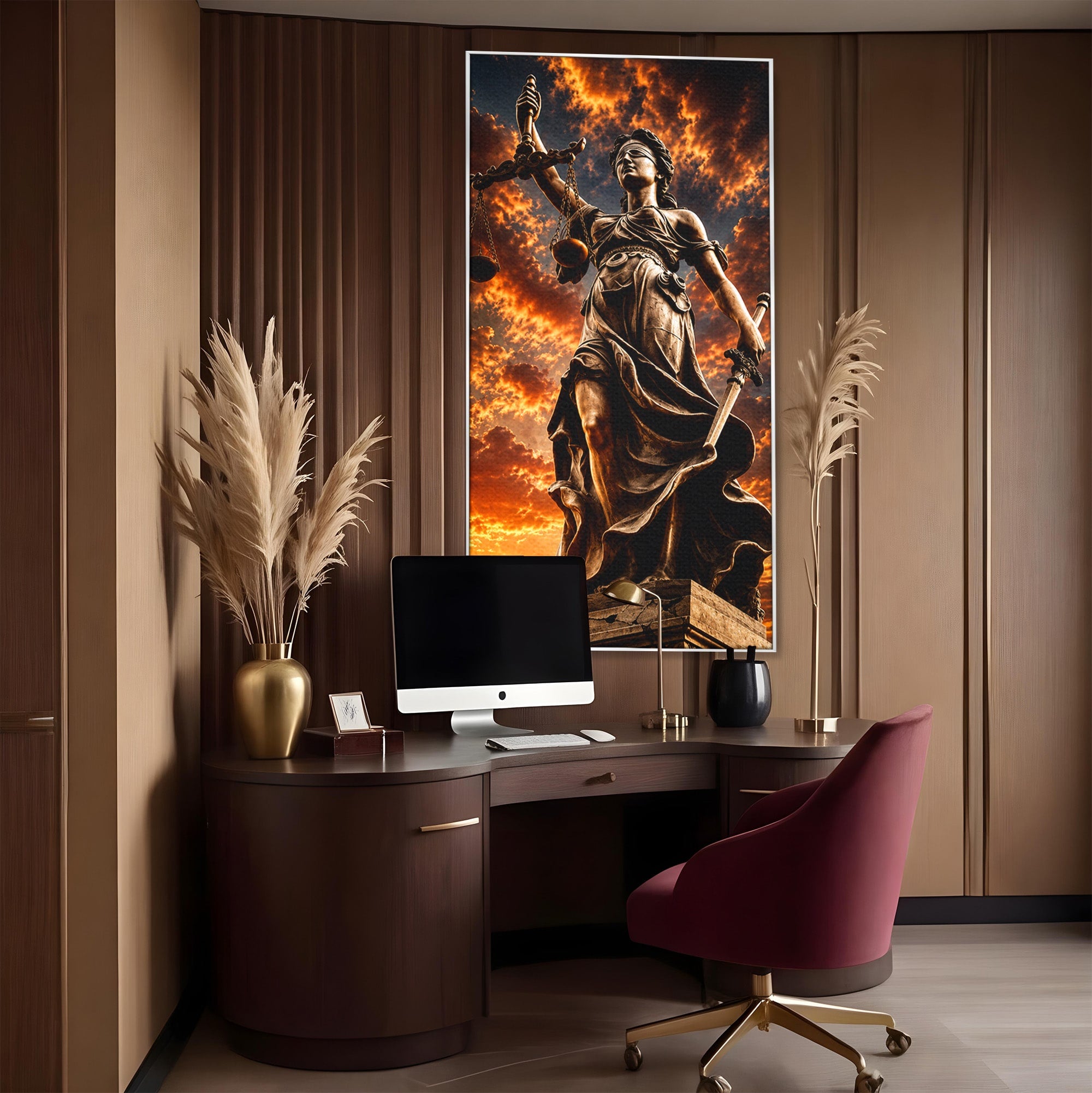 Tablou Canvas Premium LuxCanva® T1017, Apusul Zeitei Justitiei, Justitie, Statue, Apus, Dramatic, Birou, Culori Vibrante
