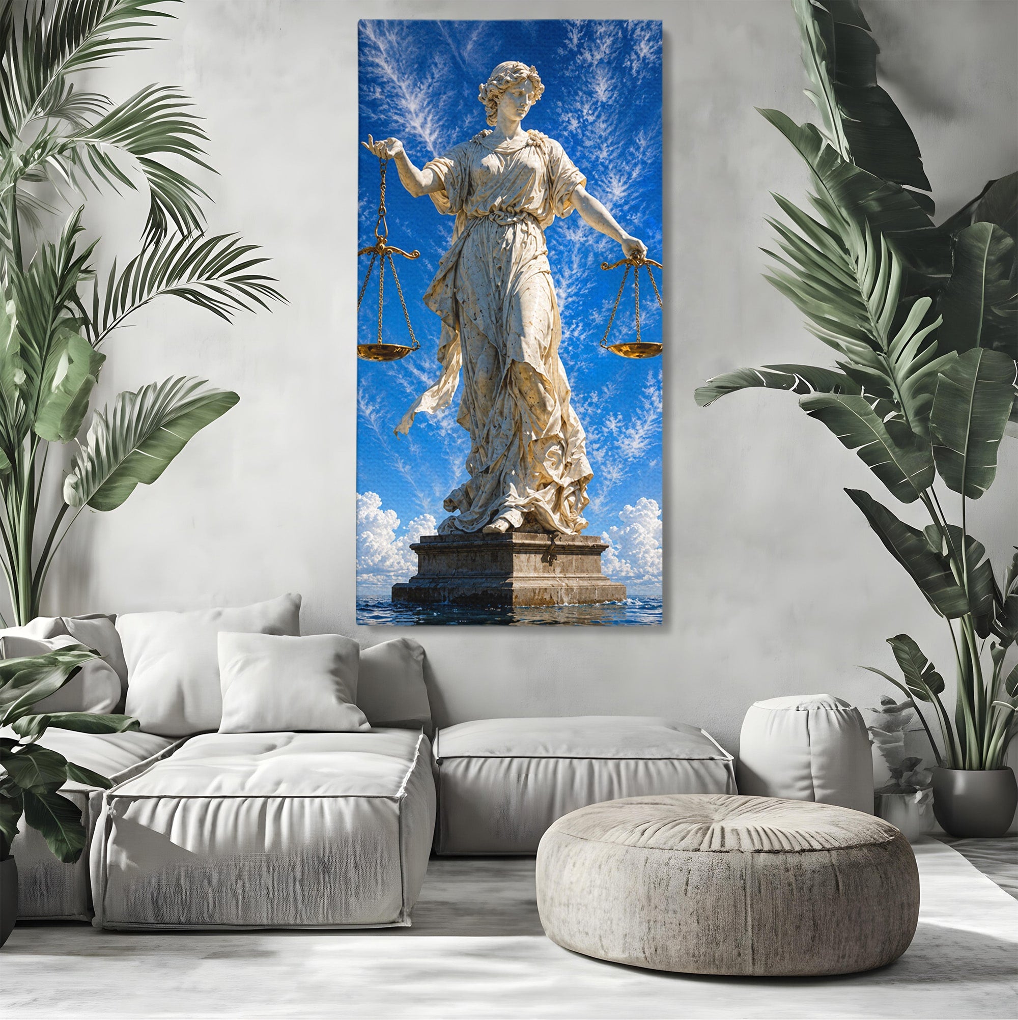 Tablou Canvas Premium LuxCanva® T1019, Justitia Divina, Justitie, Statuie, Cer, Arta Clasica, Balanta, Dormitor, Birou, Culori Vibrante