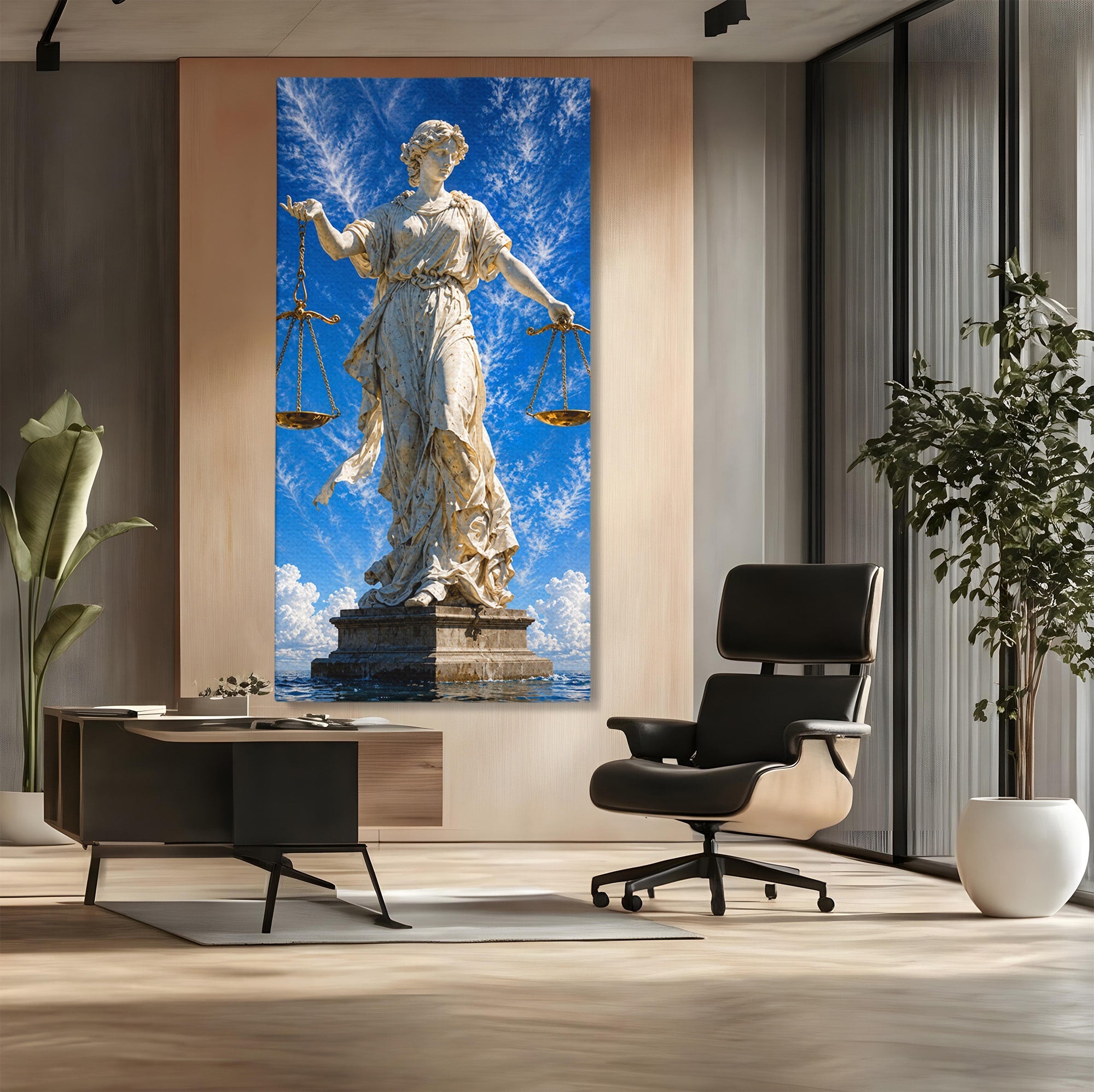 Tablou Canvas Premium LuxCanva® T1019, Justitia Divina, Justitie, Statuie, Cer, Arta Clasica, Balanta, Dormitor, Birou, Culori Vibrante