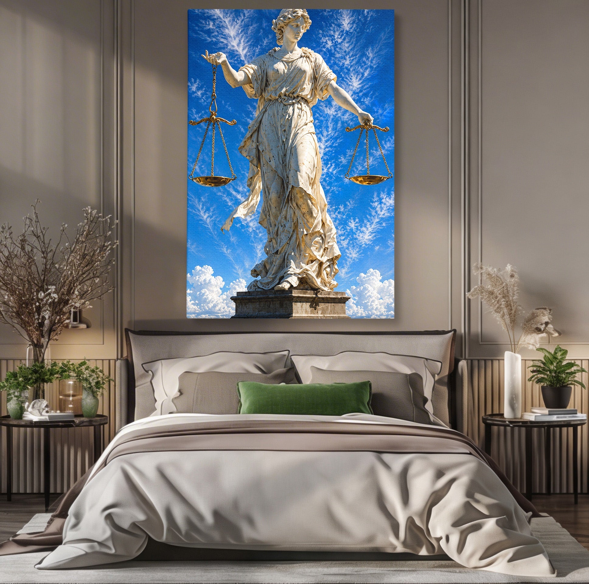 Tablou Canvas Premium LuxCanva® T1019, Justitia Divina, Justitie, Statuie, Cer, Arta Clasica, Balanta, Dormitor, Birou, Culori Vibrante
