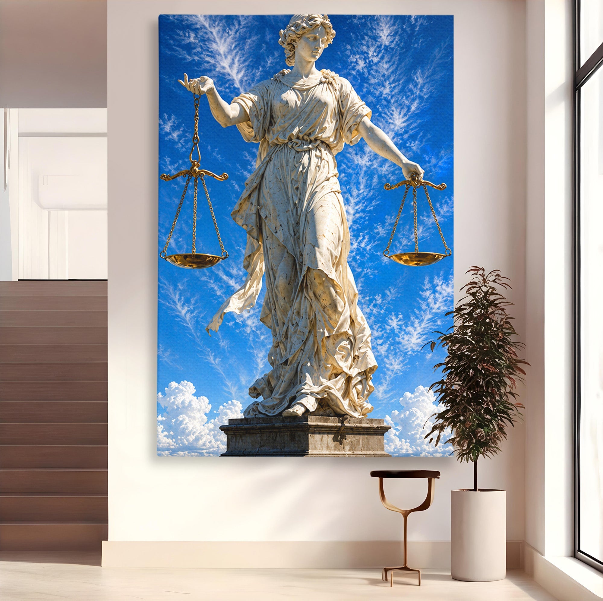 Tablou Canvas Premium LuxCanva® T1019, Justitia Divina, Justitie, Statuie, Cer, Arta Clasica, Balanta, Dormitor, Birou, Culori Vibrante