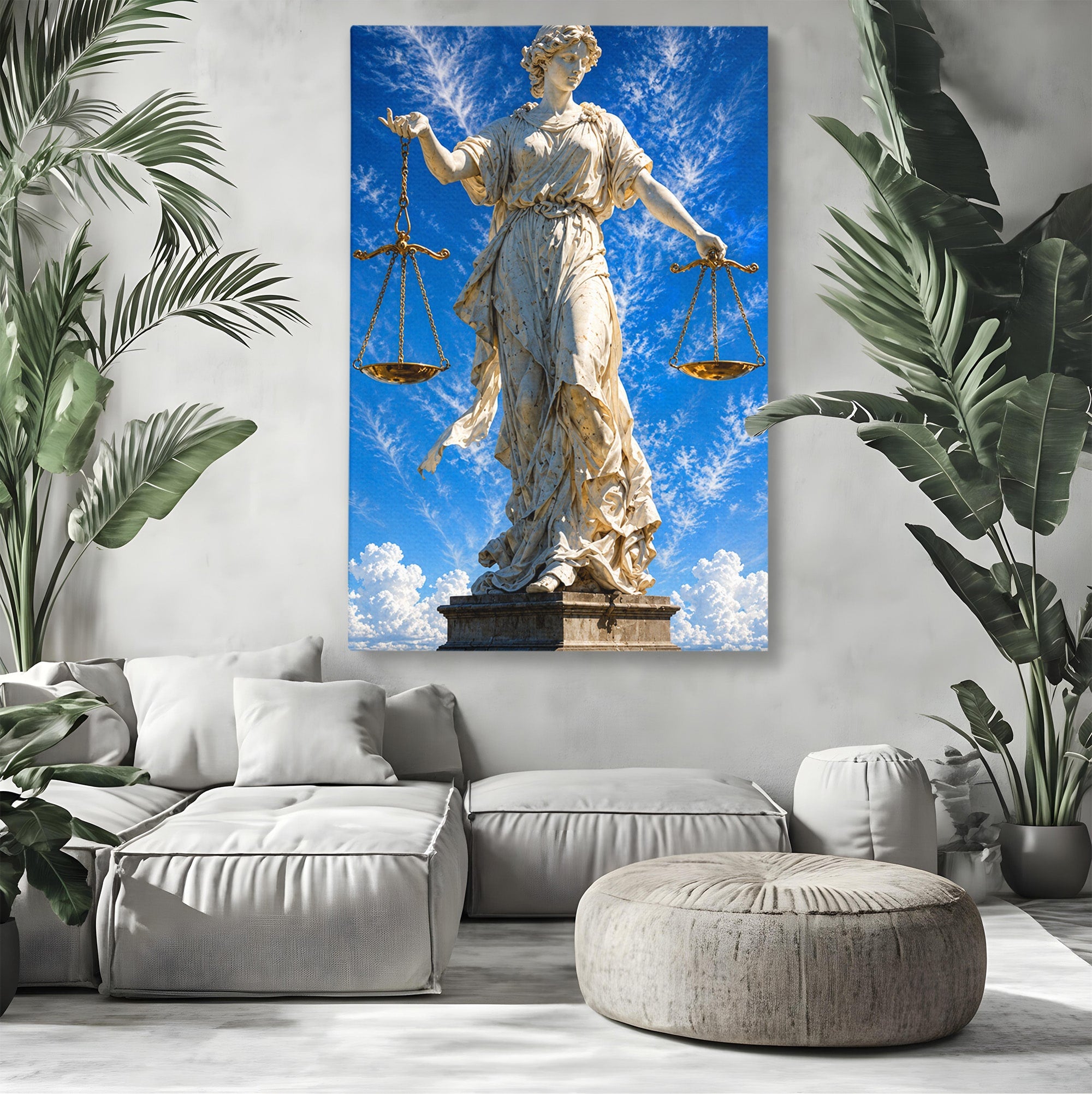 Tablou Canvas Premium LuxCanva® T1019, Justitia Divina, Justitie, Statuie, Cer, Arta Clasica, Balanta, Dormitor, Birou, Culori Vibrante
