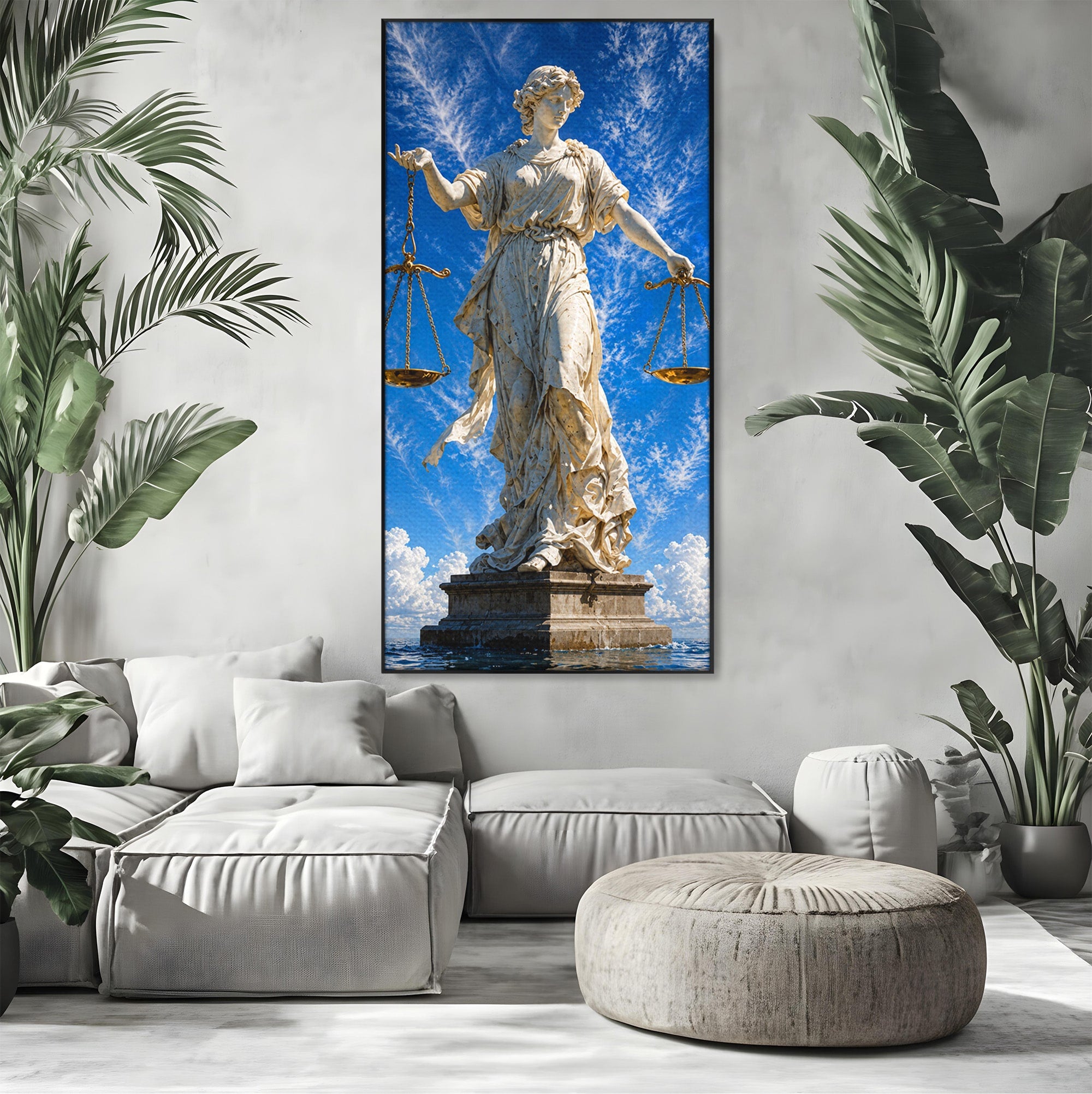 Tablou Canvas Premium LuxCanva® T1019, Justitia Divina, Justitie, Statuie, Cer, Arta Clasica, Balanta, Dormitor, Birou, Culori Vibrante