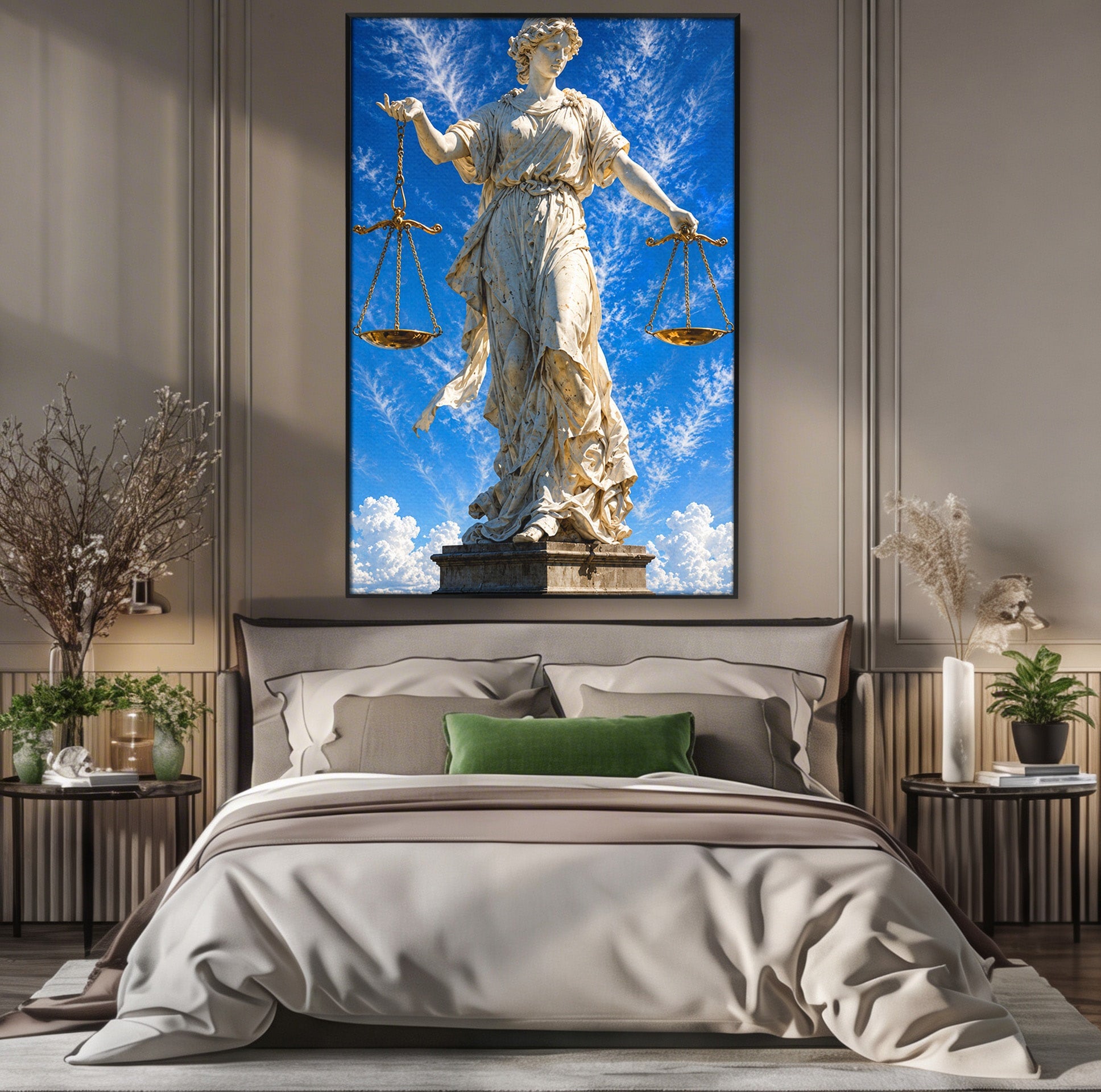 Tablou Canvas Premium LuxCanva® T1019, Justitia Divina, Justitie, Statuie, Cer, Arta Clasica, Balanta, Dormitor, Birou, Culori Vibrante