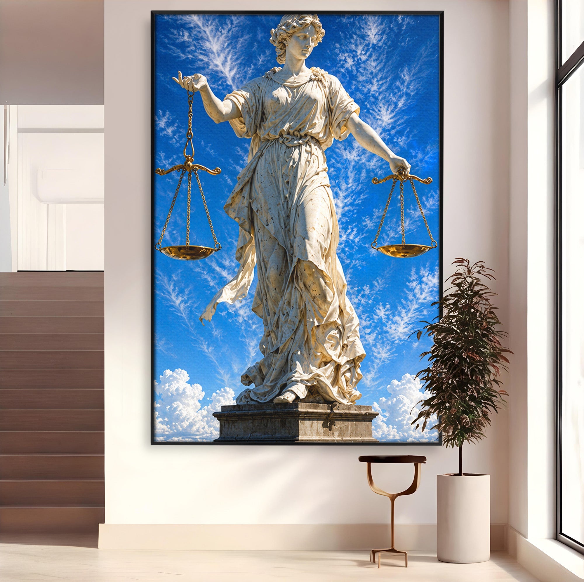 Tablou Canvas Premium LuxCanva® T1019, Justitia Divina, Justitie, Statuie, Cer, Arta Clasica, Balanta, Dormitor, Birou, Culori Vibrante