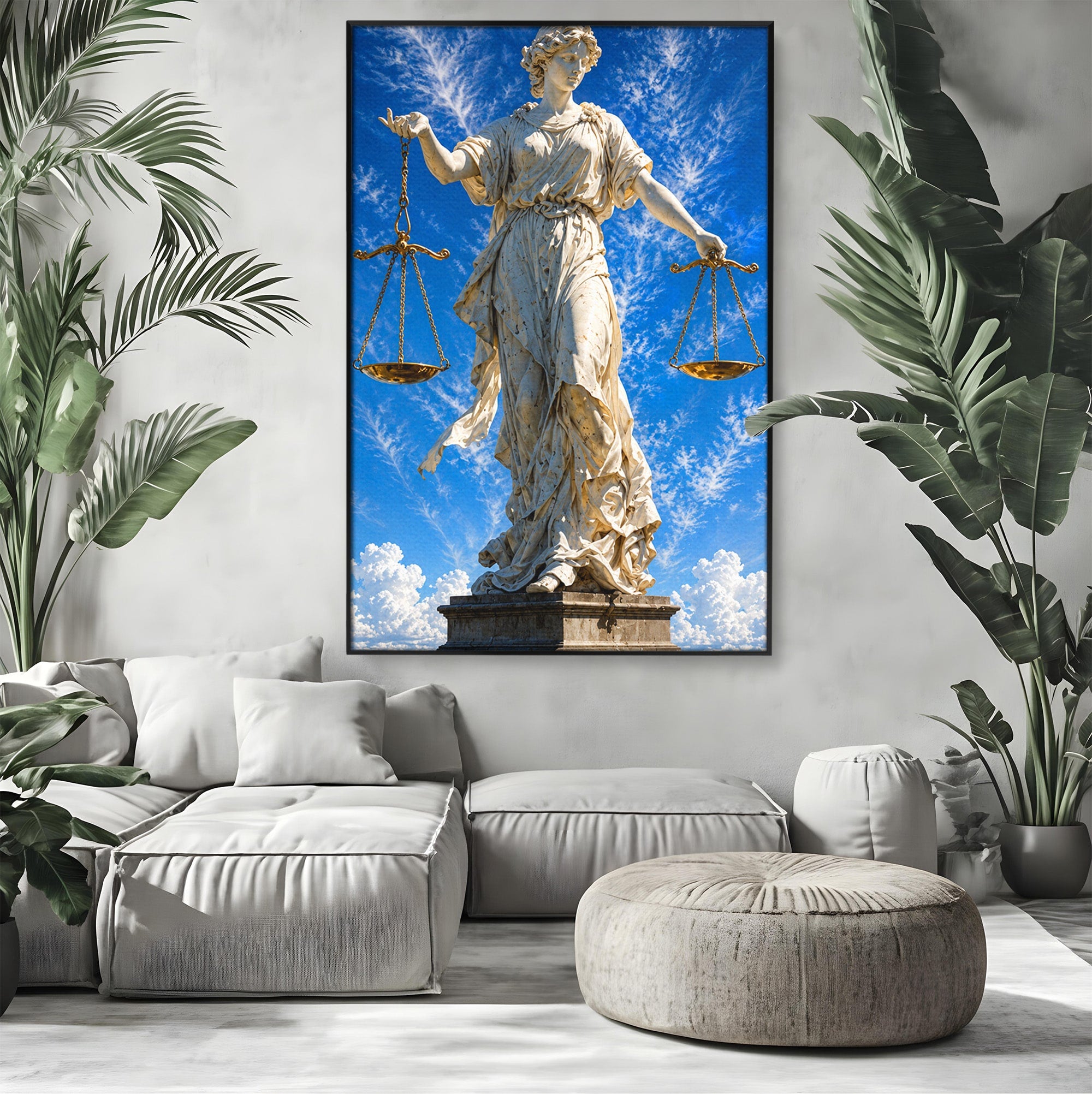 Tablou Canvas Premium LuxCanva® T1019, Justitia Divina, Justitie, Statuie, Cer, Arta Clasica, Balanta, Dormitor, Birou, Culori Vibrante