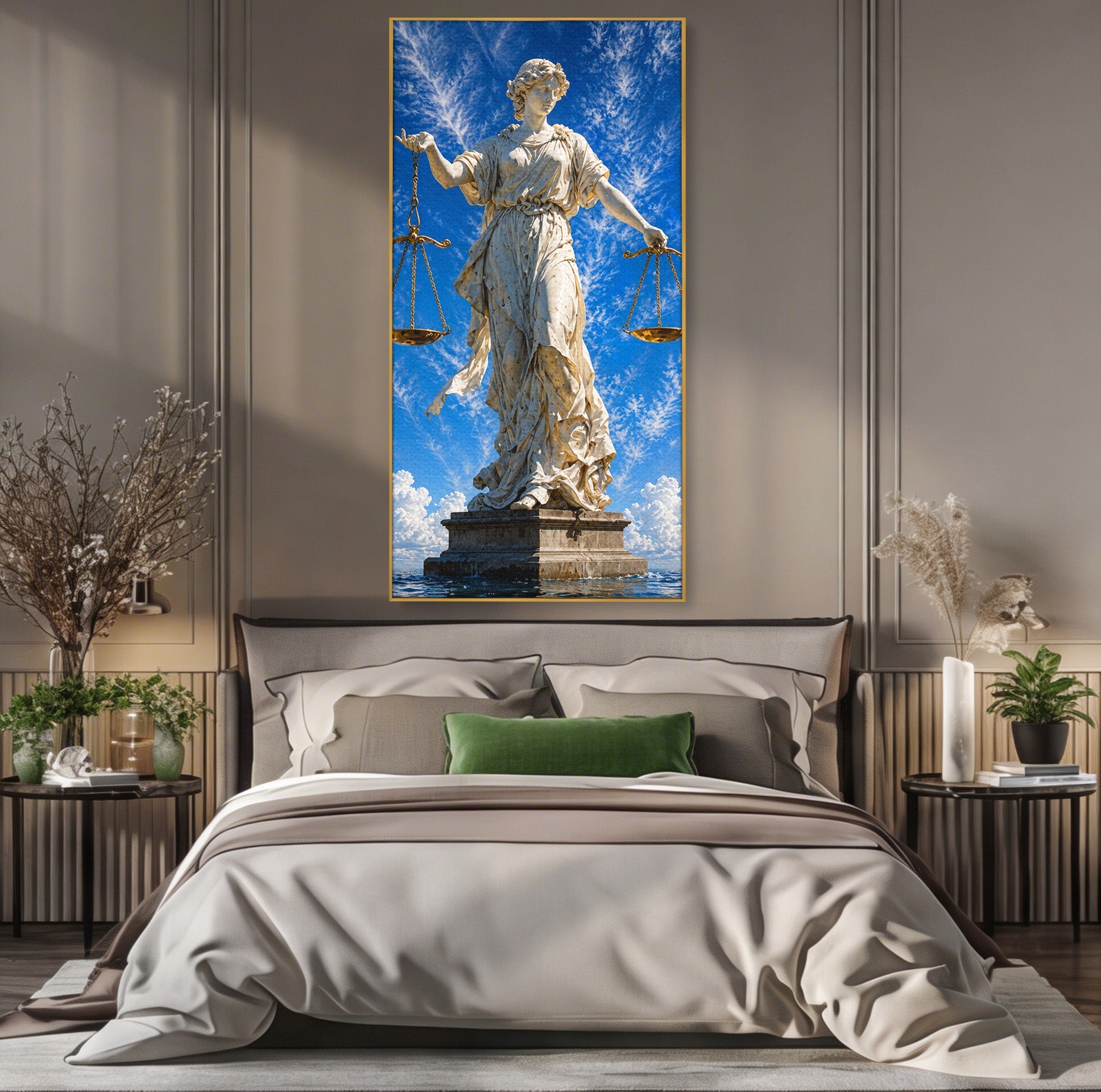 Tablou Canvas Premium LuxCanva® T1019, Justitia Divina, Justitie, Statuie, Cer, Arta Clasica, Balanta, Dormitor, Birou, Culori Vibrante