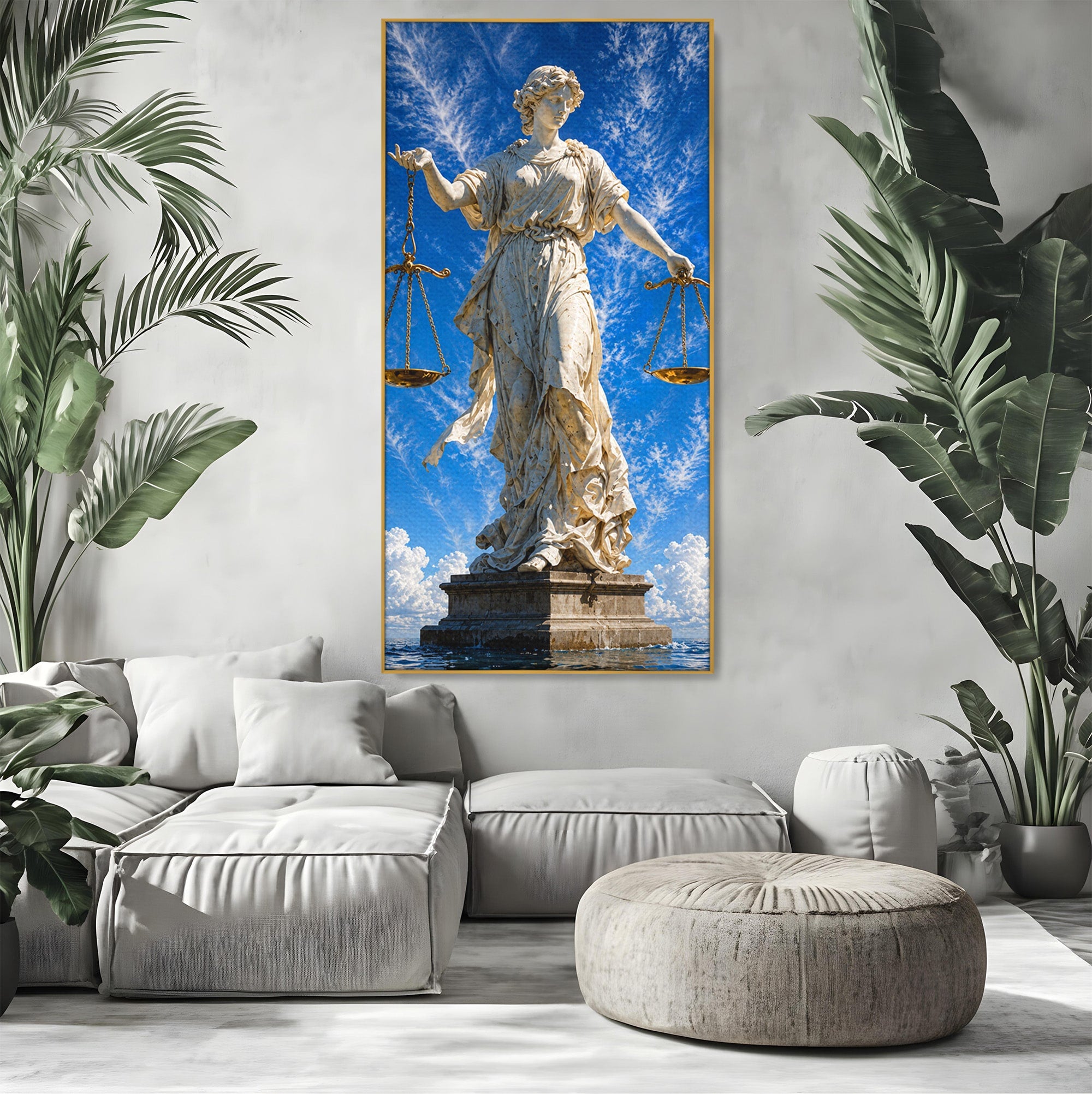 Tablou Canvas Premium LuxCanva® T1019, Justitia Divina, Justitie, Statuie, Cer, Arta Clasica, Balanta, Dormitor, Birou, Culori Vibrante