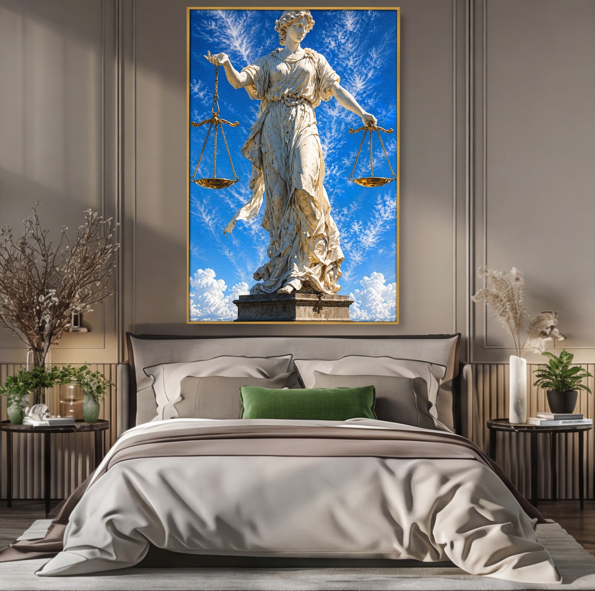Tablou Canvas Premium LuxCanva® T1019, Justitia Divina, Justitie, Statuie, Cer, Arta Clasica, Balanta, Dormitor, Birou, Culori Vibrante