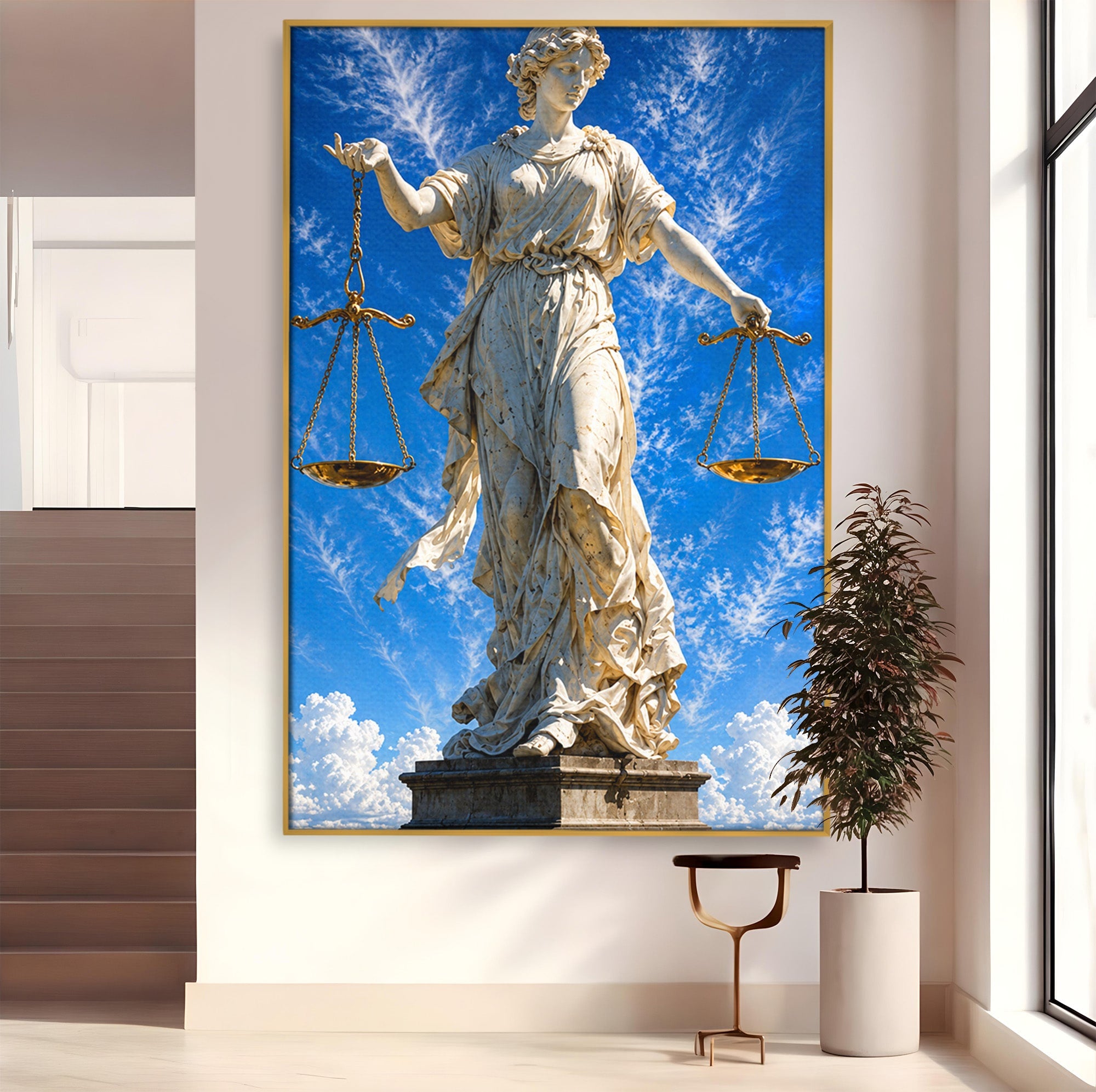 Tablou Canvas Premium LuxCanva® T1019, Justitia Divina, Justitie, Statuie, Cer, Arta Clasica, Balanta, Dormitor, Birou, Culori Vibrante