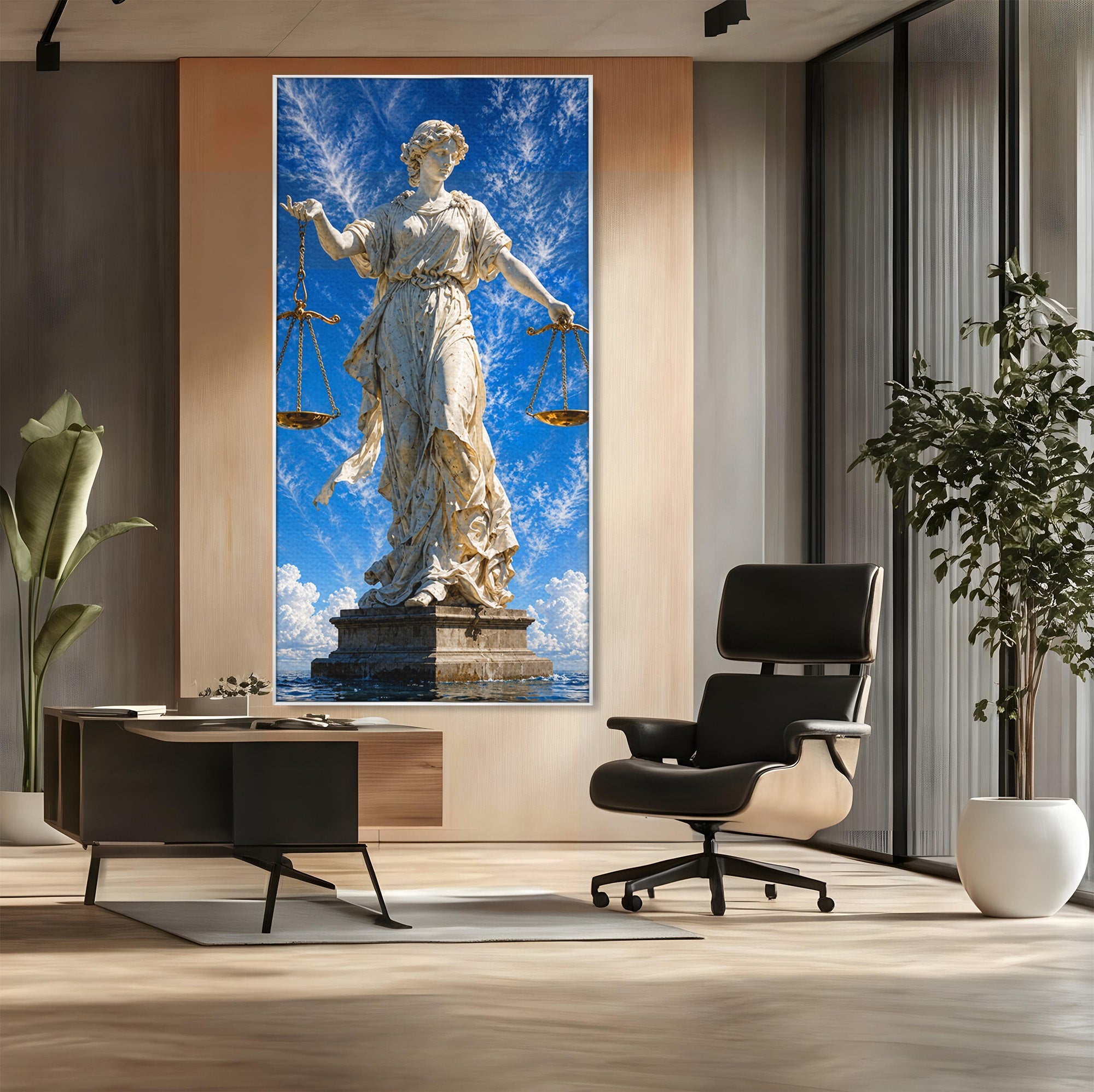 Tablou Canvas Premium LuxCanva® T1019, Justitia Divina, Justitie, Statuie, Cer, Arta Clasica, Balanta, Dormitor, Birou, Culori Vibrante