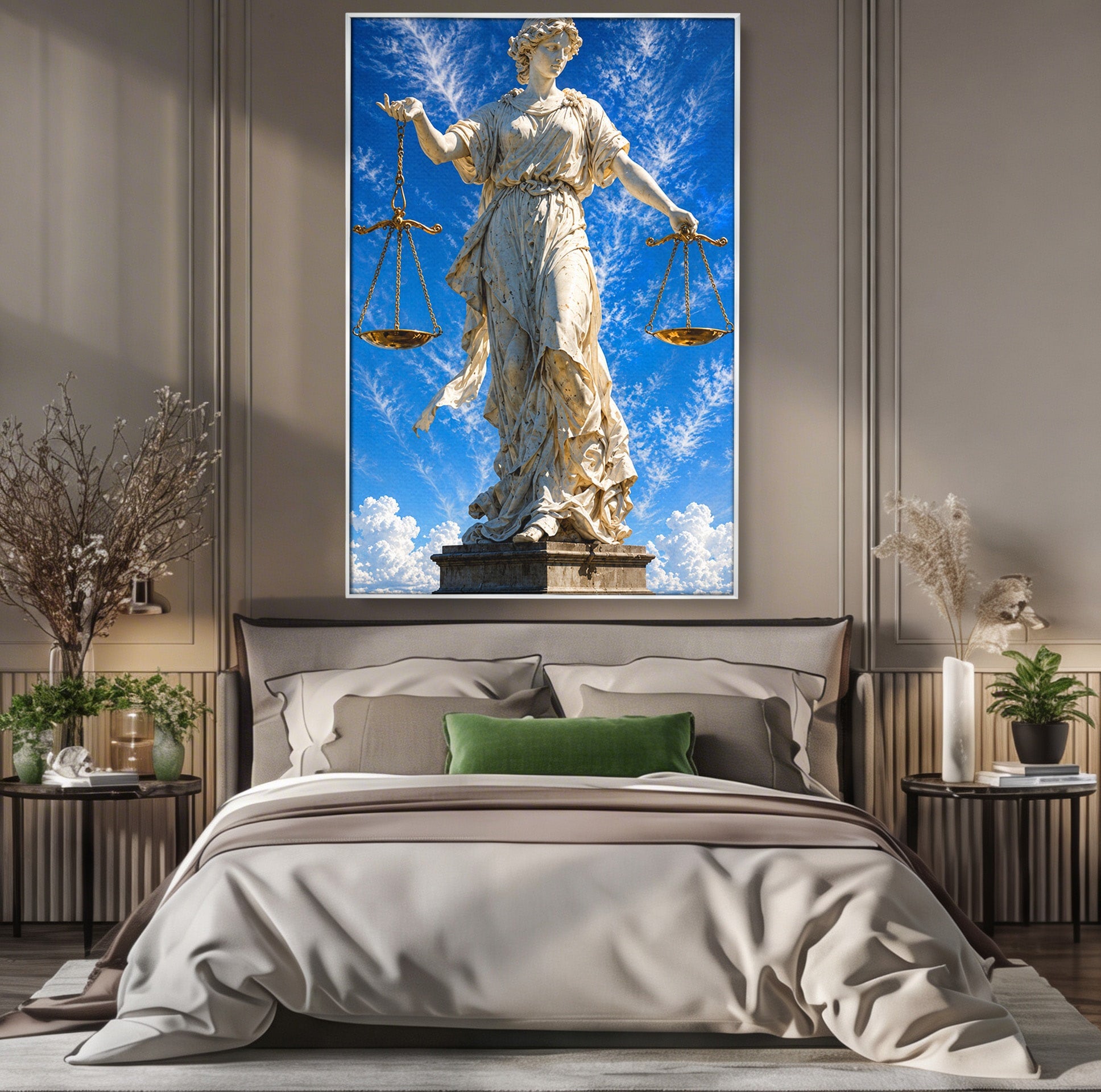 Tablou Canvas Premium LuxCanva® T1019, Justitia Divina, Justitie, Statuie, Cer, Arta Clasica, Balanta, Dormitor, Birou, Culori Vibrante