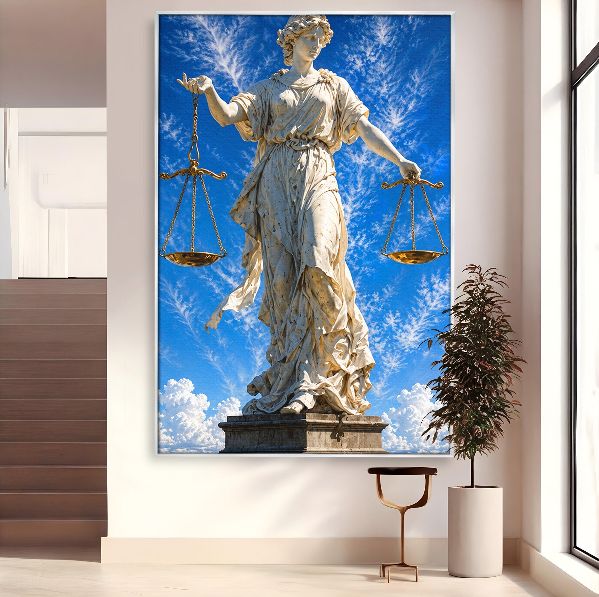 Tablou Canvas Premium LuxCanva® T1019, Justitia Divina, Justitie, Statuie, Cer, Arta Clasica, Balanta, Dormitor, Birou, Culori Vibrante
