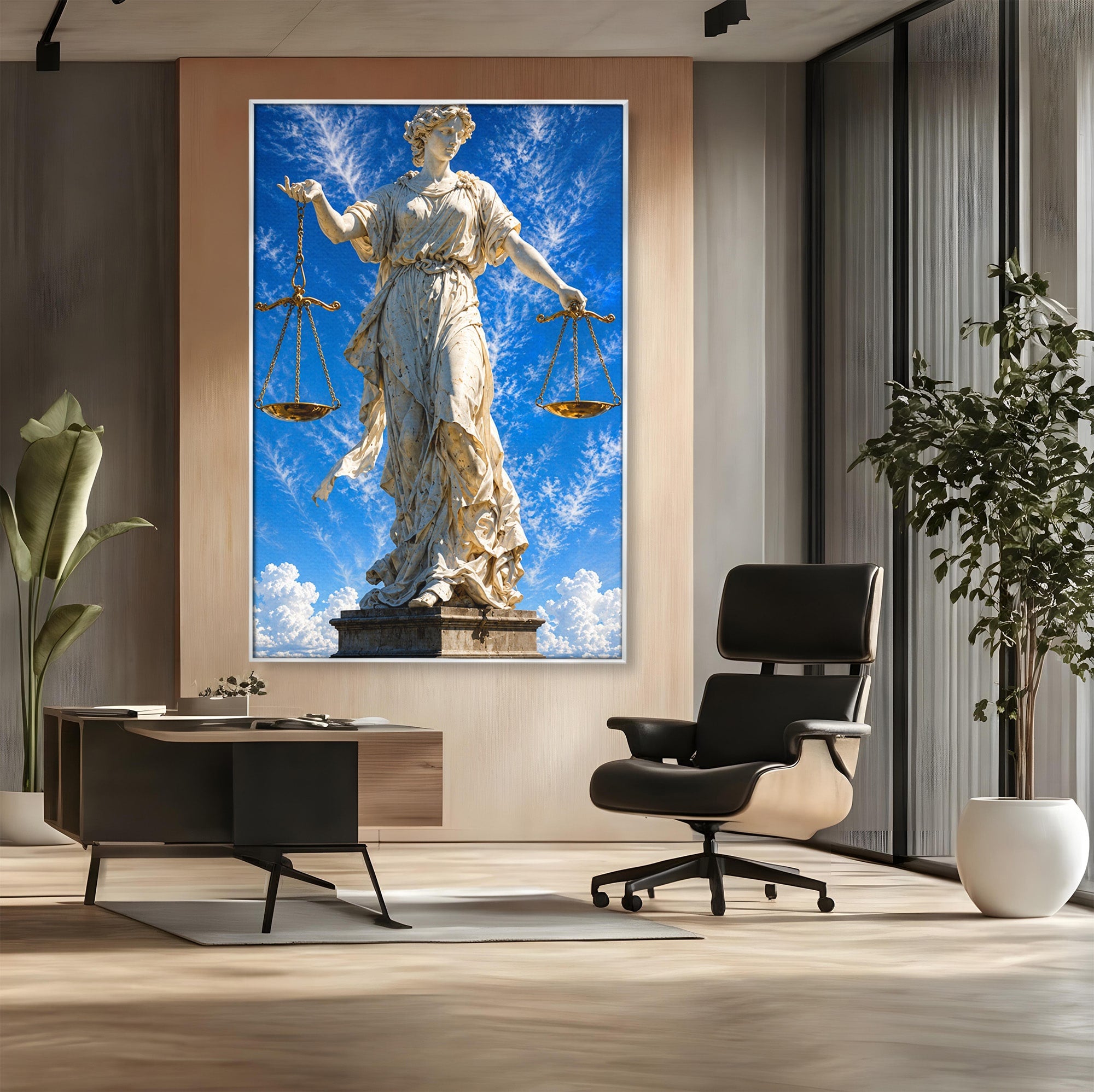 Tablou Canvas Premium LuxCanva® T1019, Justitia Divina, Justitie, Statuie, Cer, Arta Clasica, Balanta, Dormitor, Birou, Culori Vibrante