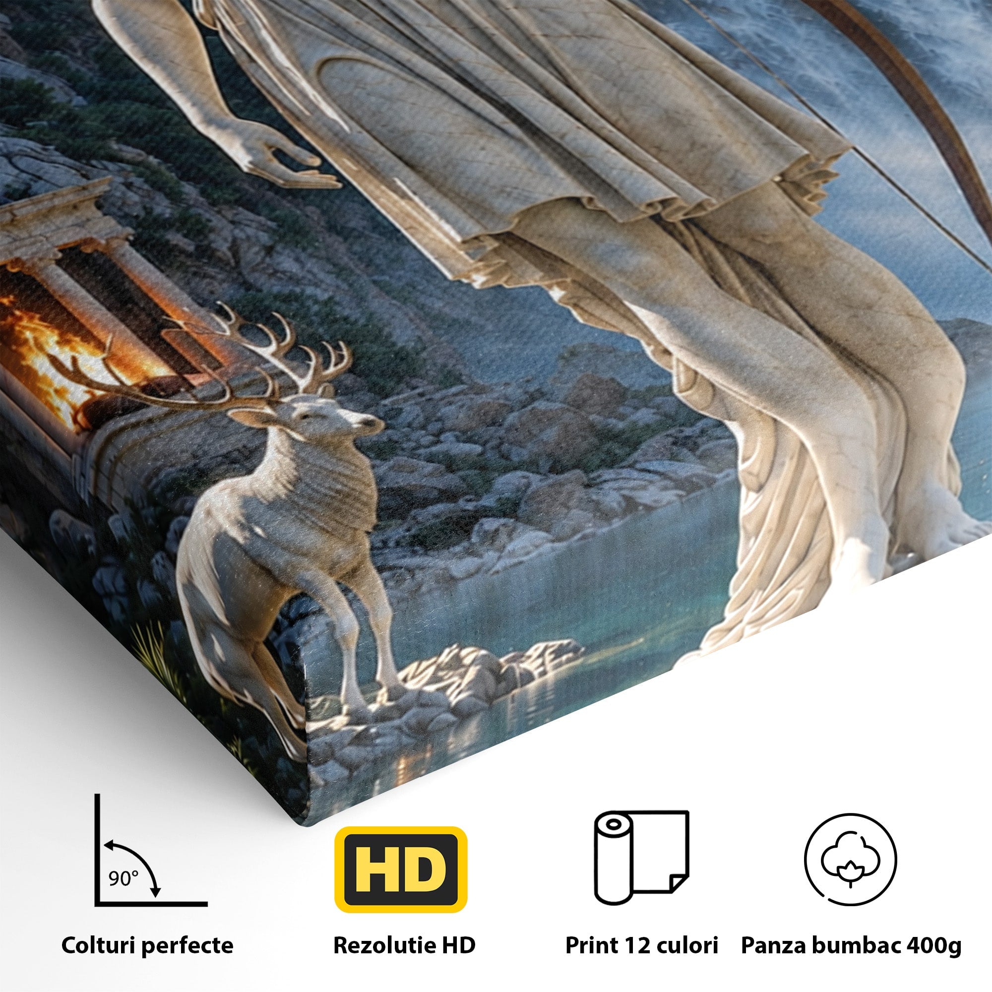 Tablou Canvas Premium LuxCanva® T1020, Zeita Arcaș, Peisaj Mitologic, Zeita, Mitologie, Statuie, Cascada, Living, Culori Vibrante