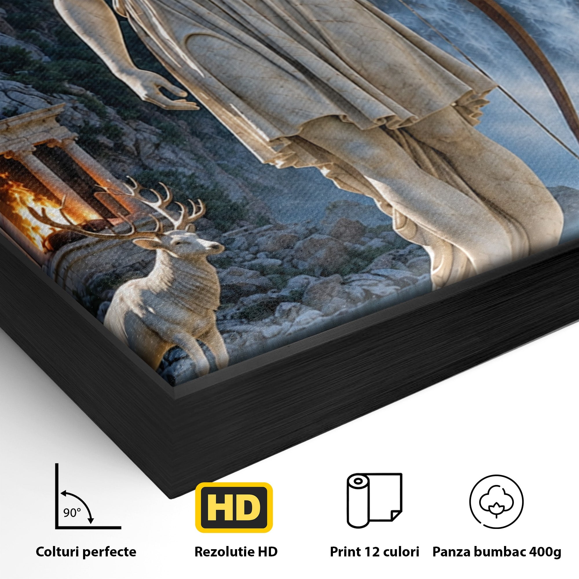 Tablou Canvas Premium LuxCanva® T1020, Zeita Arcaș, Peisaj Mitologic, Zeita, Mitologie, Statuie, Cascada, Living, Culori Vibrante