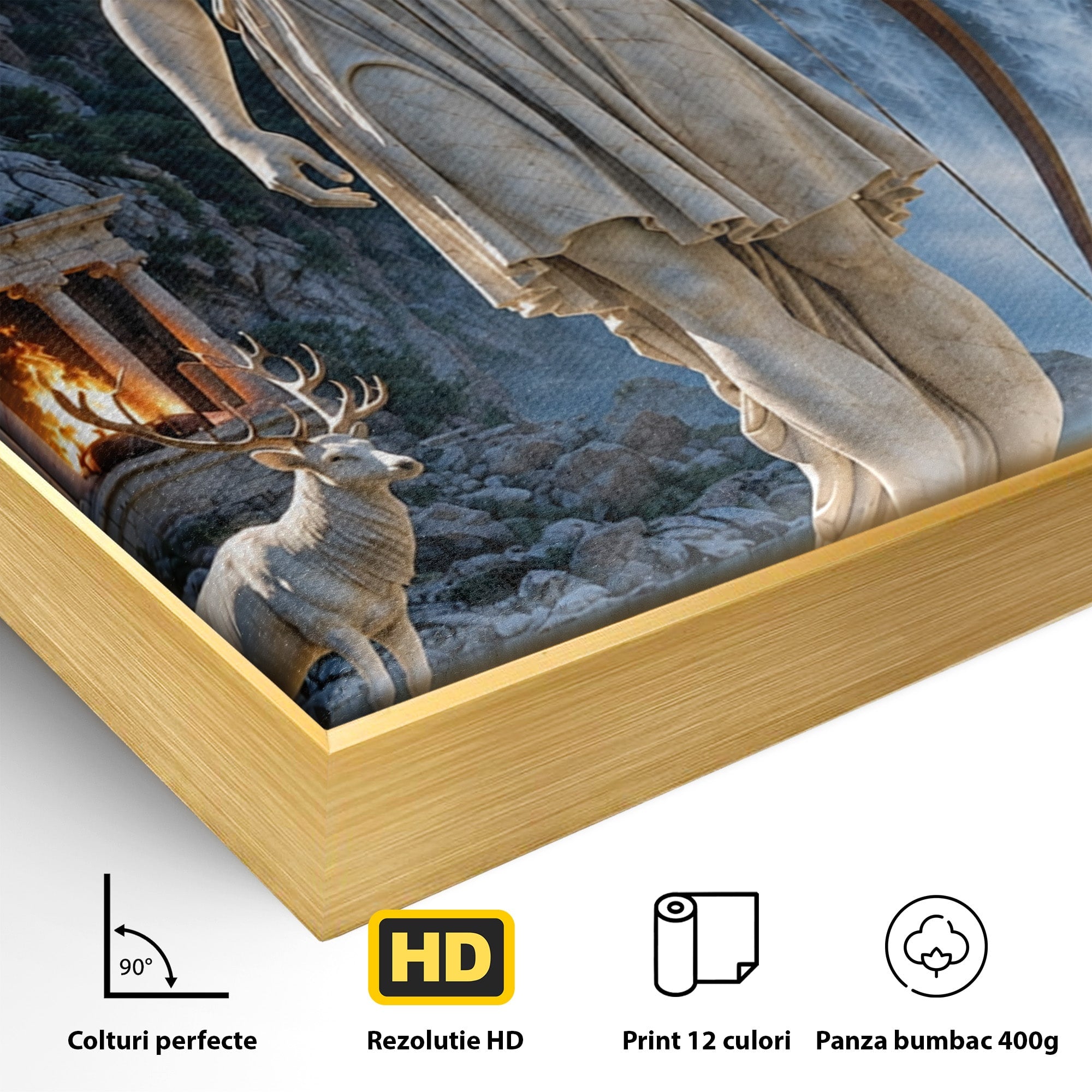 Tablou Canvas Premium LuxCanva® T1020, Zeita Arcaș, Peisaj Mitologic, Zeita, Mitologie, Statuie, Cascada, Living, Culori Vibrante