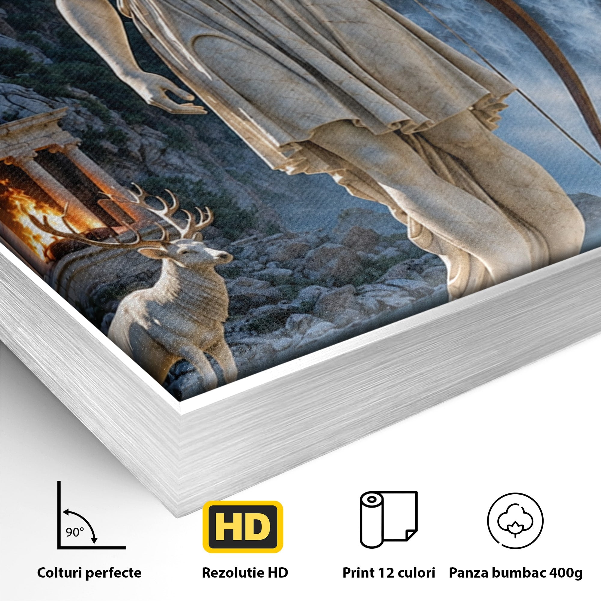 Tablou Canvas Premium LuxCanva® T1020, Zeita Arcaș, Peisaj Mitologic, Zeita, Mitologie, Statuie, Cascada, Living, Culori Vibrante