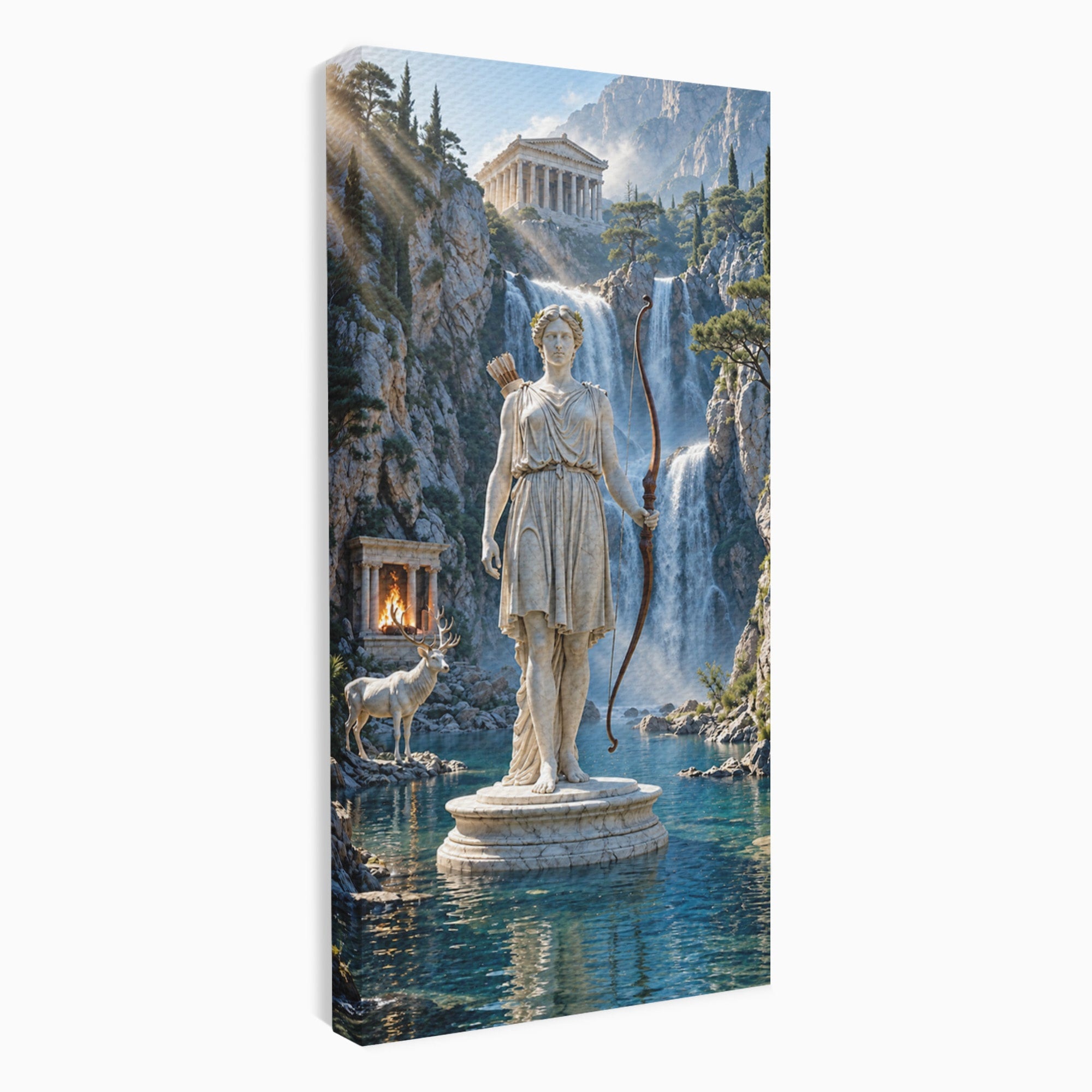 Tablou Canvas Premium LuxCanva® T1020, Zeita Arcaș, Peisaj Mitologic, Zeita, Mitologie, Statuie, Cascada, Living, Culori Vibrante