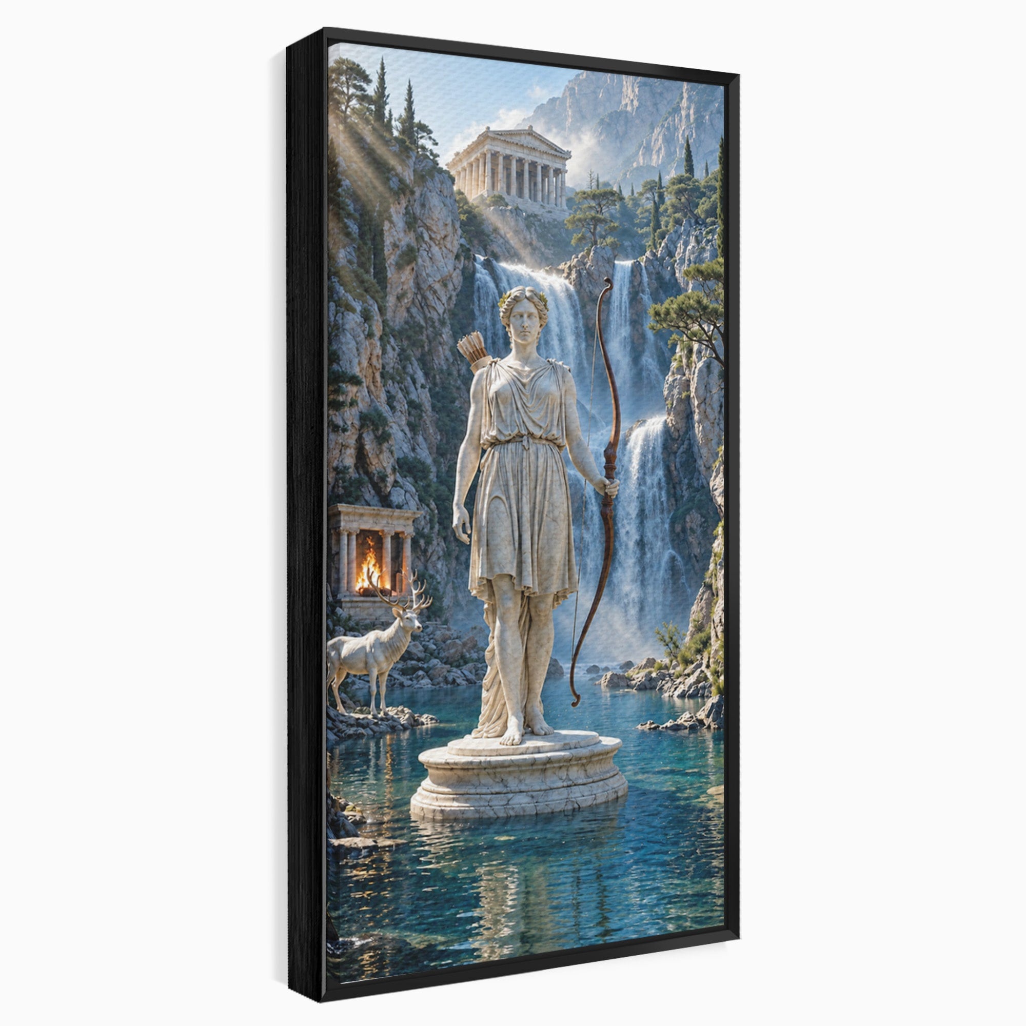 Tablou Canvas Premium LuxCanva® T1020, Zeita Arcaș, Peisaj Mitologic, Zeita, Mitologie, Statuie, Cascada, Living, Culori Vibrante