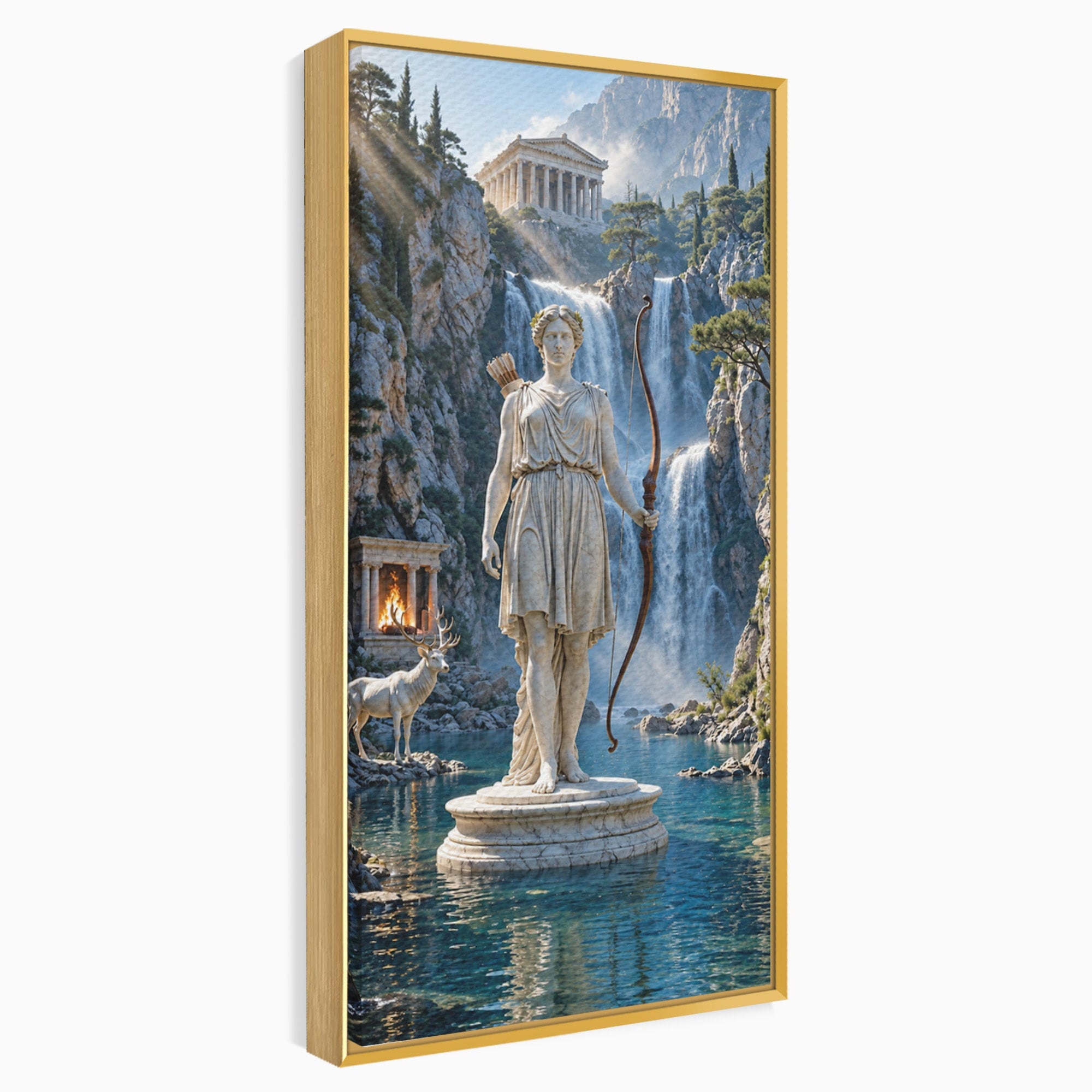 Tablou Canvas Premium LuxCanva® T1020, Zeita Arcaș, Peisaj Mitologic, Zeita, Mitologie, Statuie, Cascada, Living, Culori Vibrante
