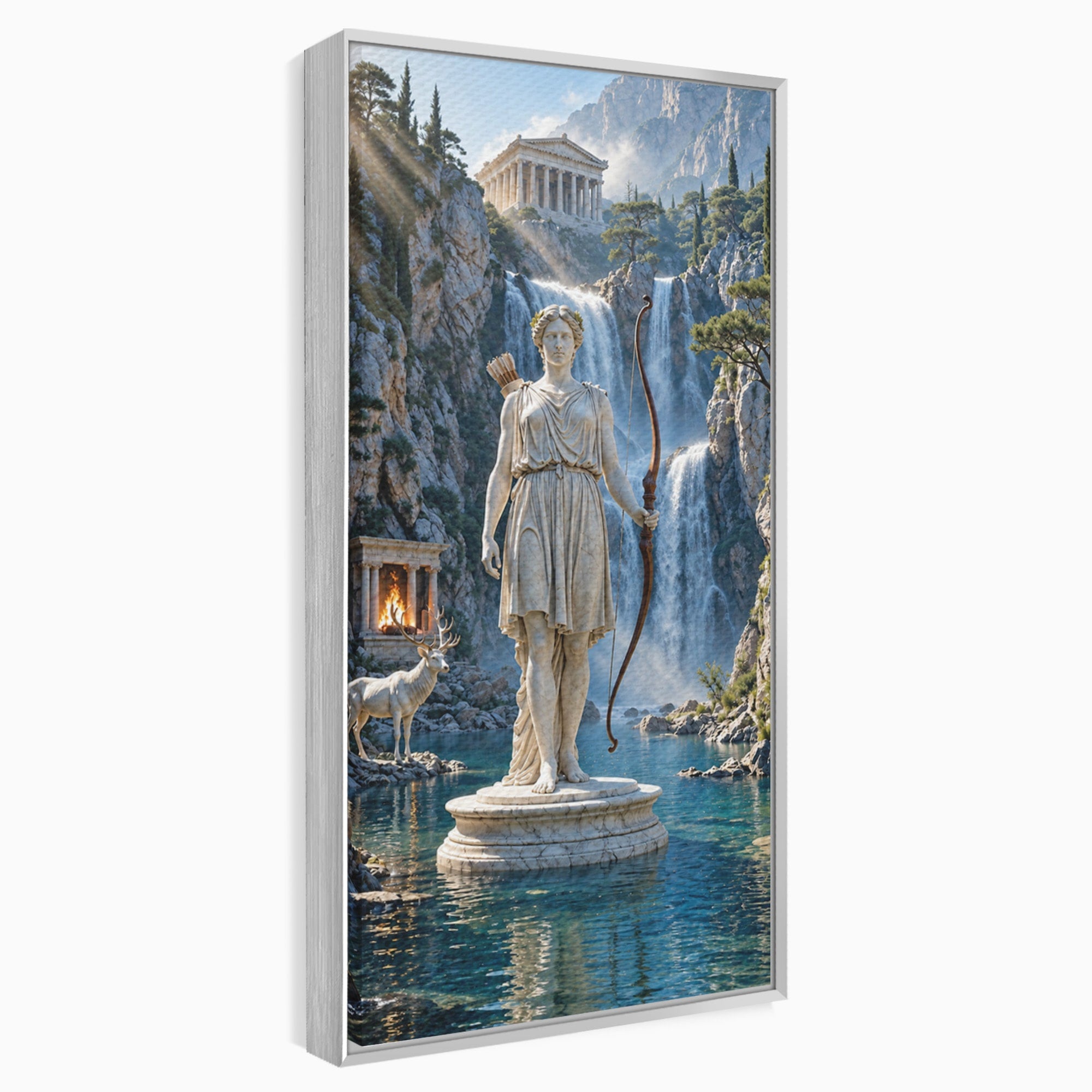 Tablou Canvas Premium LuxCanva® T1020, Zeita Arcaș, Peisaj Mitologic, Zeita, Mitologie, Statuie, Cascada, Living, Culori Vibrante