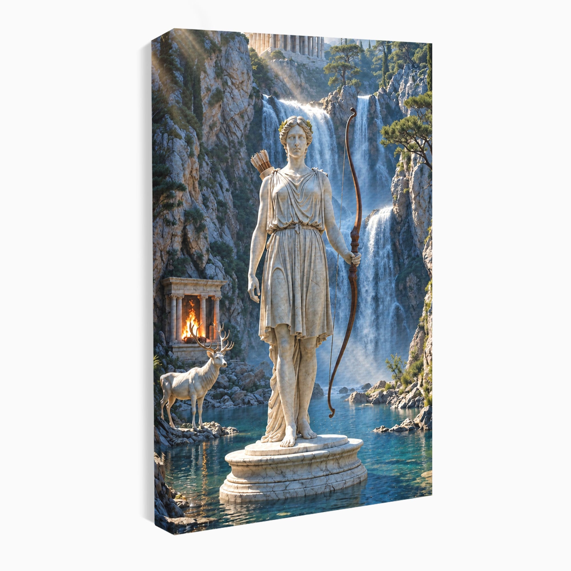 Tablou Canvas Premium LuxCanva® T1020, Zeita Arcaș, Peisaj Mitologic, Zeita, Mitologie, Statuie, Cascada, Living, Culori Vibrante