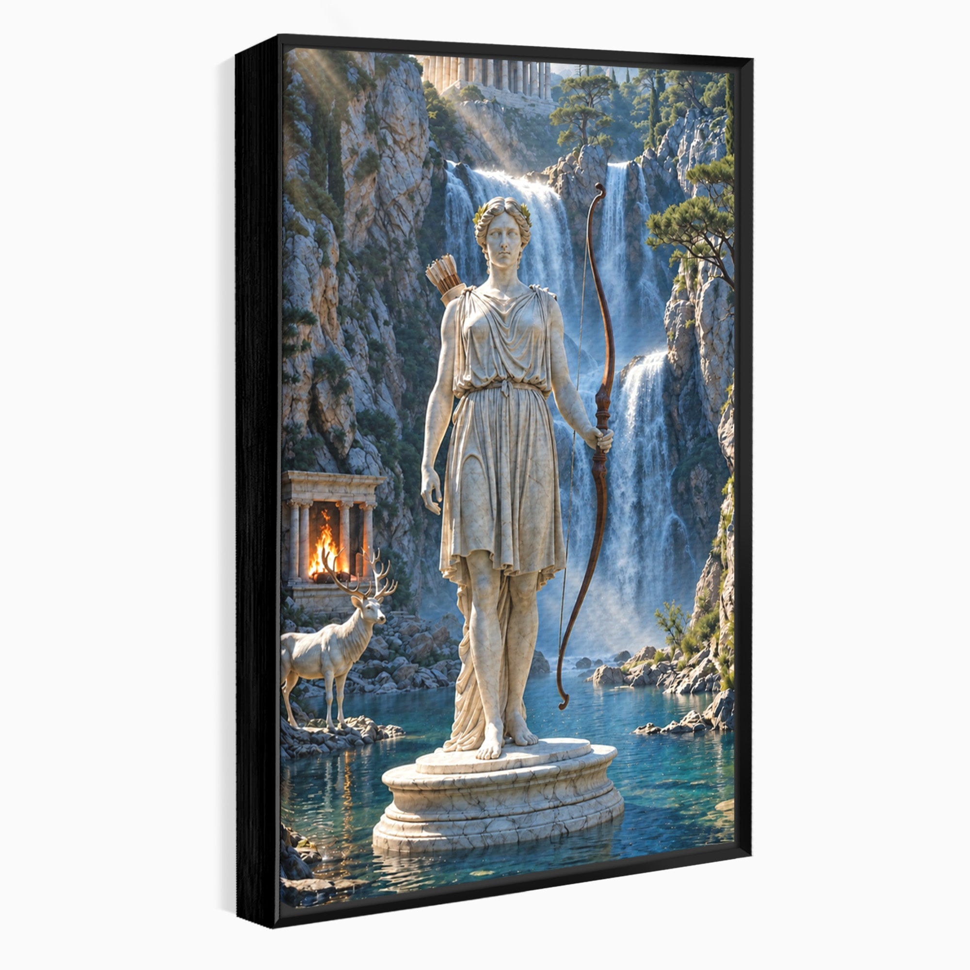 Tablou Canvas Premium LuxCanva® T1020, Zeita Arcaș, Peisaj Mitologic, Zeita, Mitologie, Statuie, Cascada, Living, Culori Vibrante