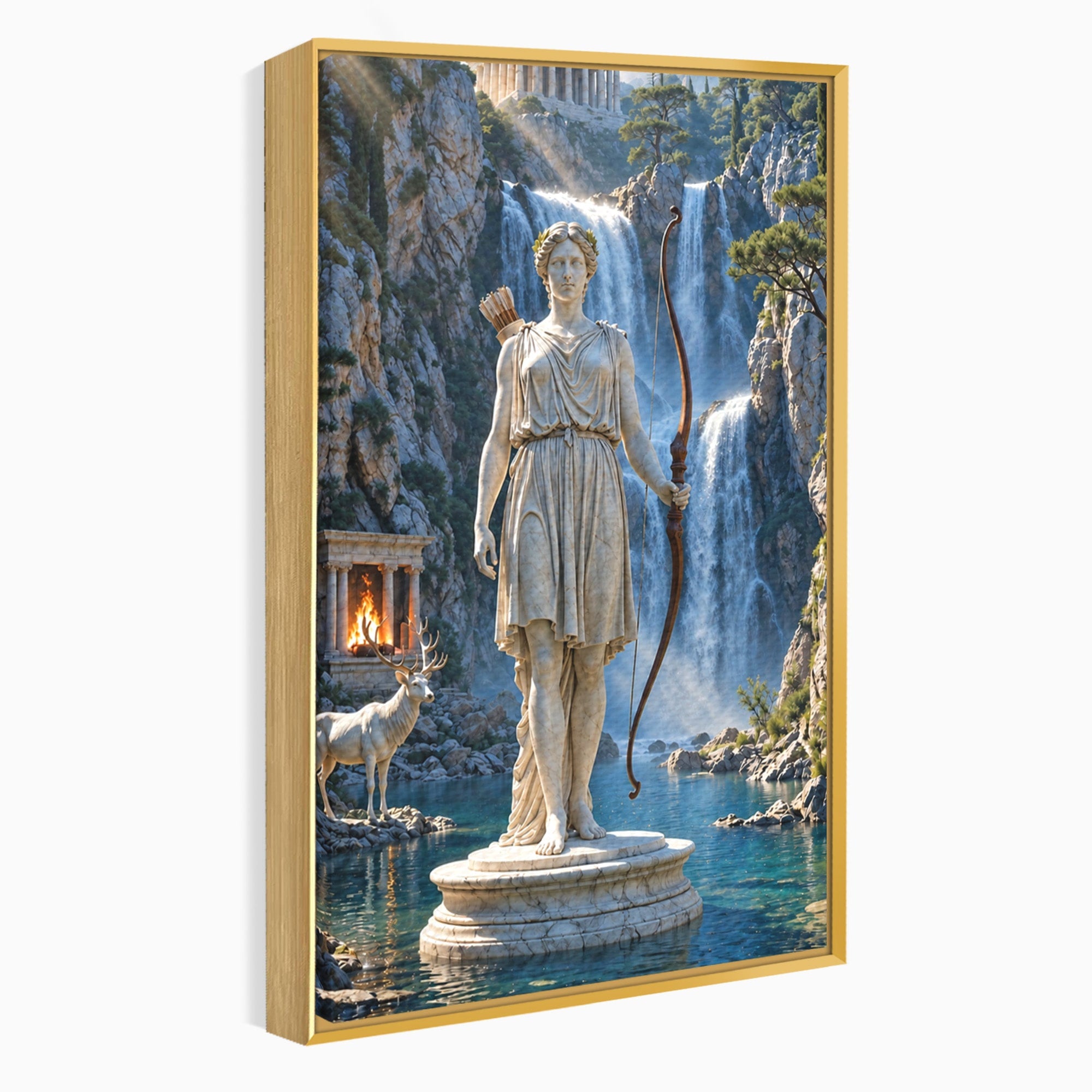 Tablou Canvas Premium LuxCanva® T1020, Zeita Arcaș, Peisaj Mitologic, Zeita, Mitologie, Statuie, Cascada, Living, Culori Vibrante