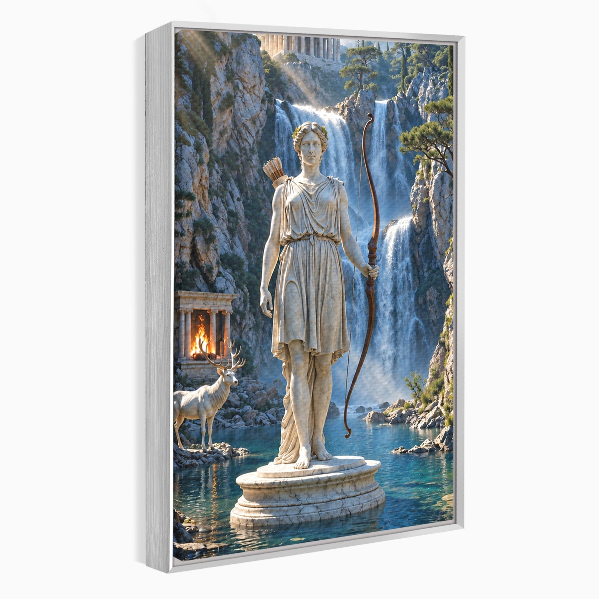 Tablou Canvas Premium LuxCanva® T1020, Zeita Arcaș, Peisaj Mitologic, Zeita, Mitologie, Statuie, Cascada, Living, Culori Vibrante