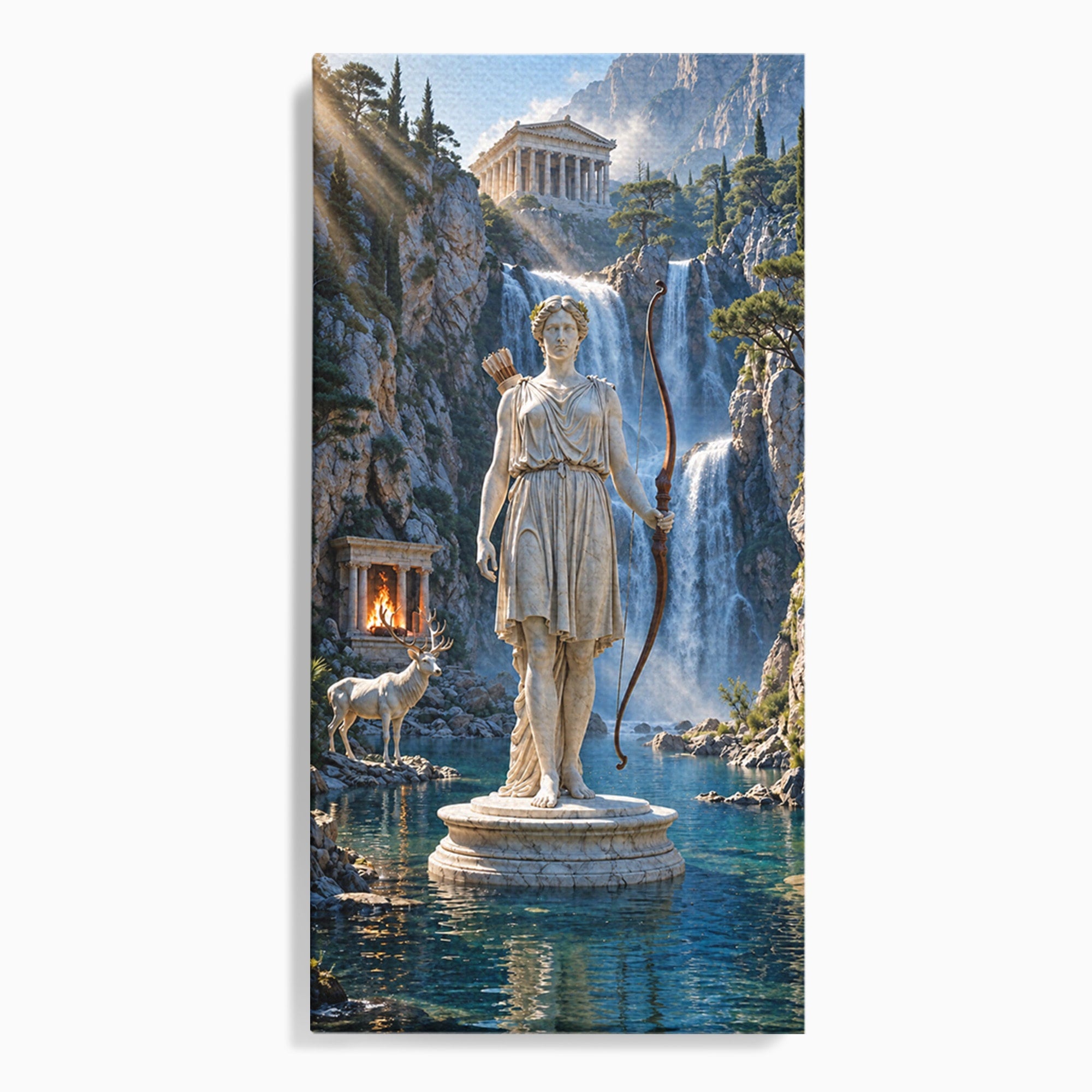 Tablou Canvas Premium LuxCanva® T1020, Zeita Arcaș, Peisaj Mitologic, Zeita, Mitologie, Statuie, Cascada, Living, Culori Vibrante