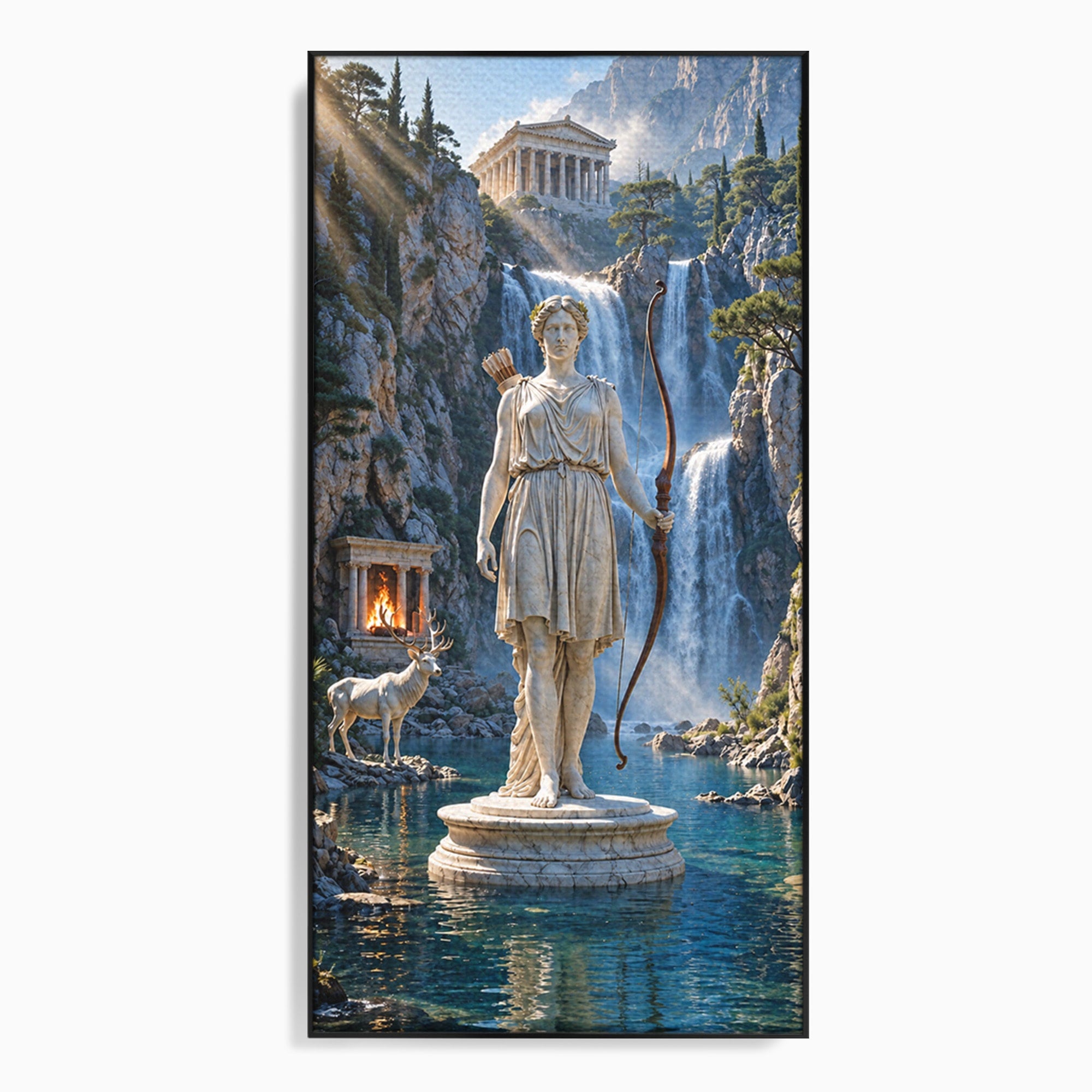 Tablou Canvas Premium LuxCanva® T1020, Zeita Arcaș, Peisaj Mitologic, Zeita, Mitologie, Statuie, Cascada, Living, Culori Vibrante