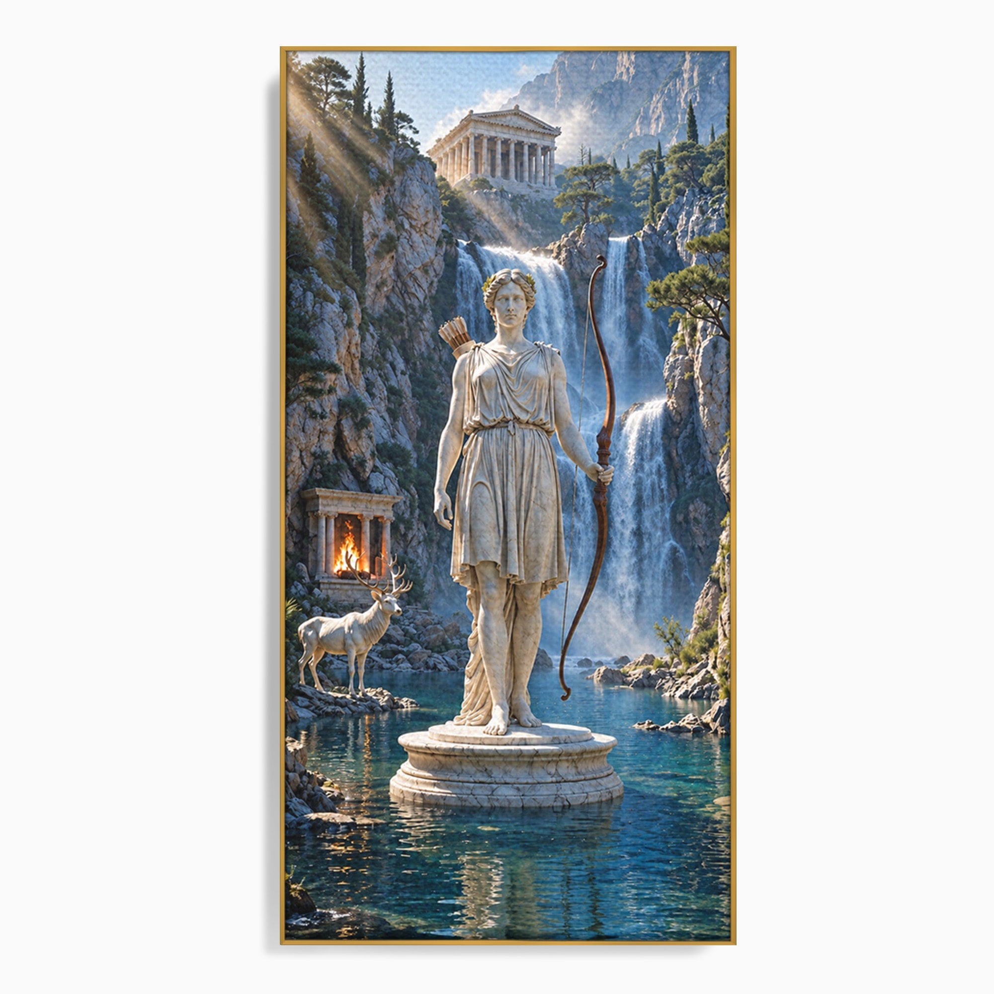 Tablou Canvas Premium LuxCanva® T1020, Zeita Arcaș, Peisaj Mitologic, Zeita, Mitologie, Statuie, Cascada, Living, Culori Vibrante